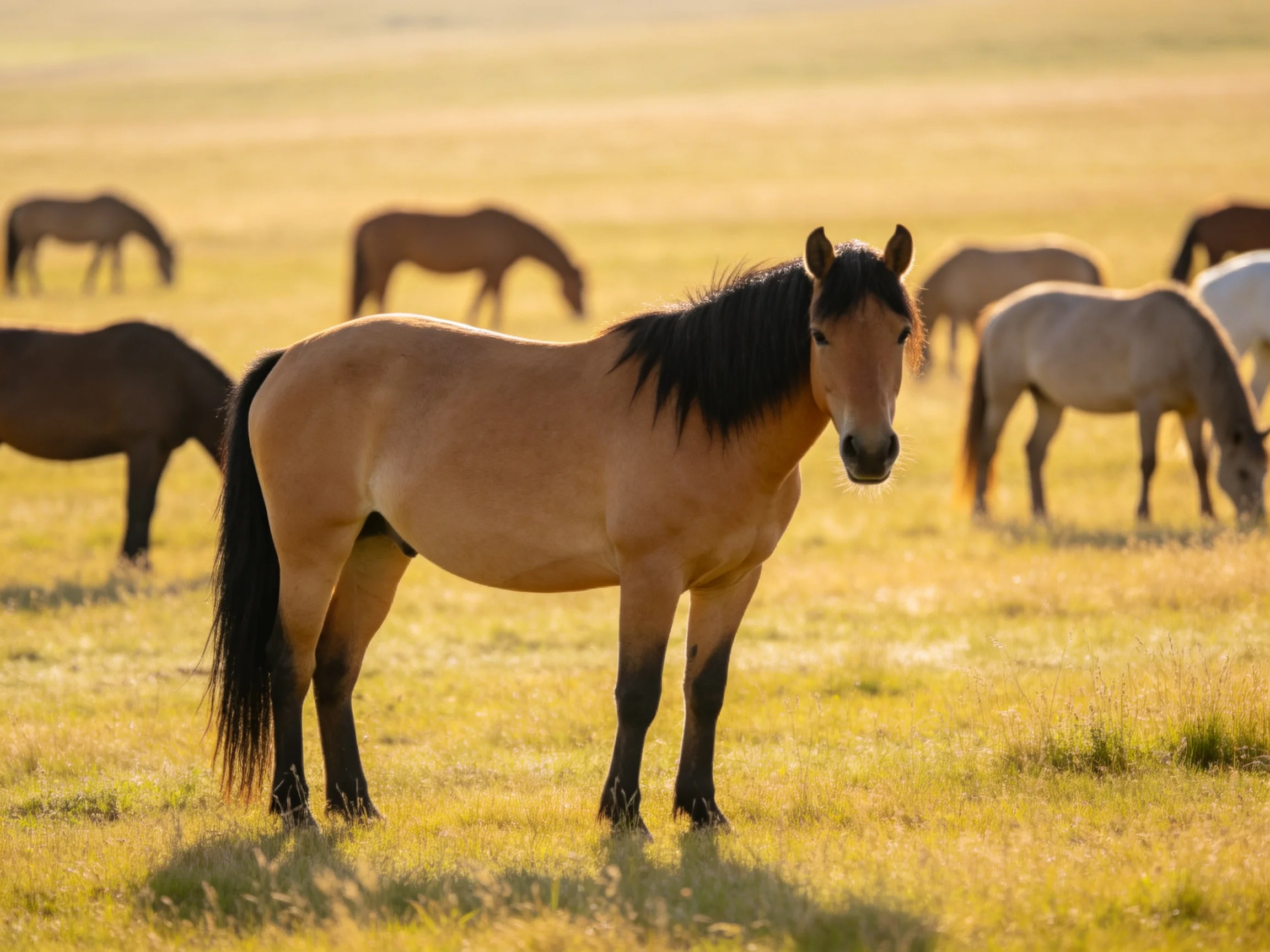 Many horses graze in a sunlit meadow with diverse coat colors.
