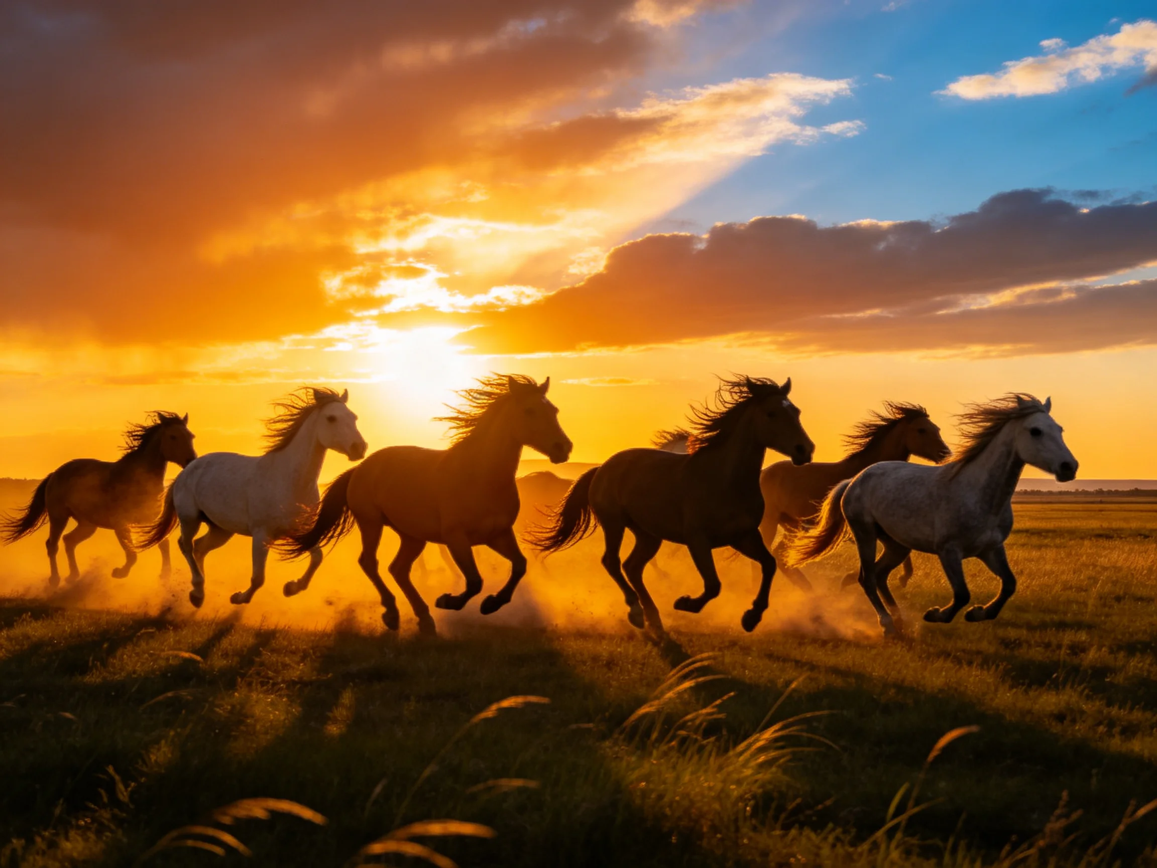Horses gallop through golden fields as the sun sets