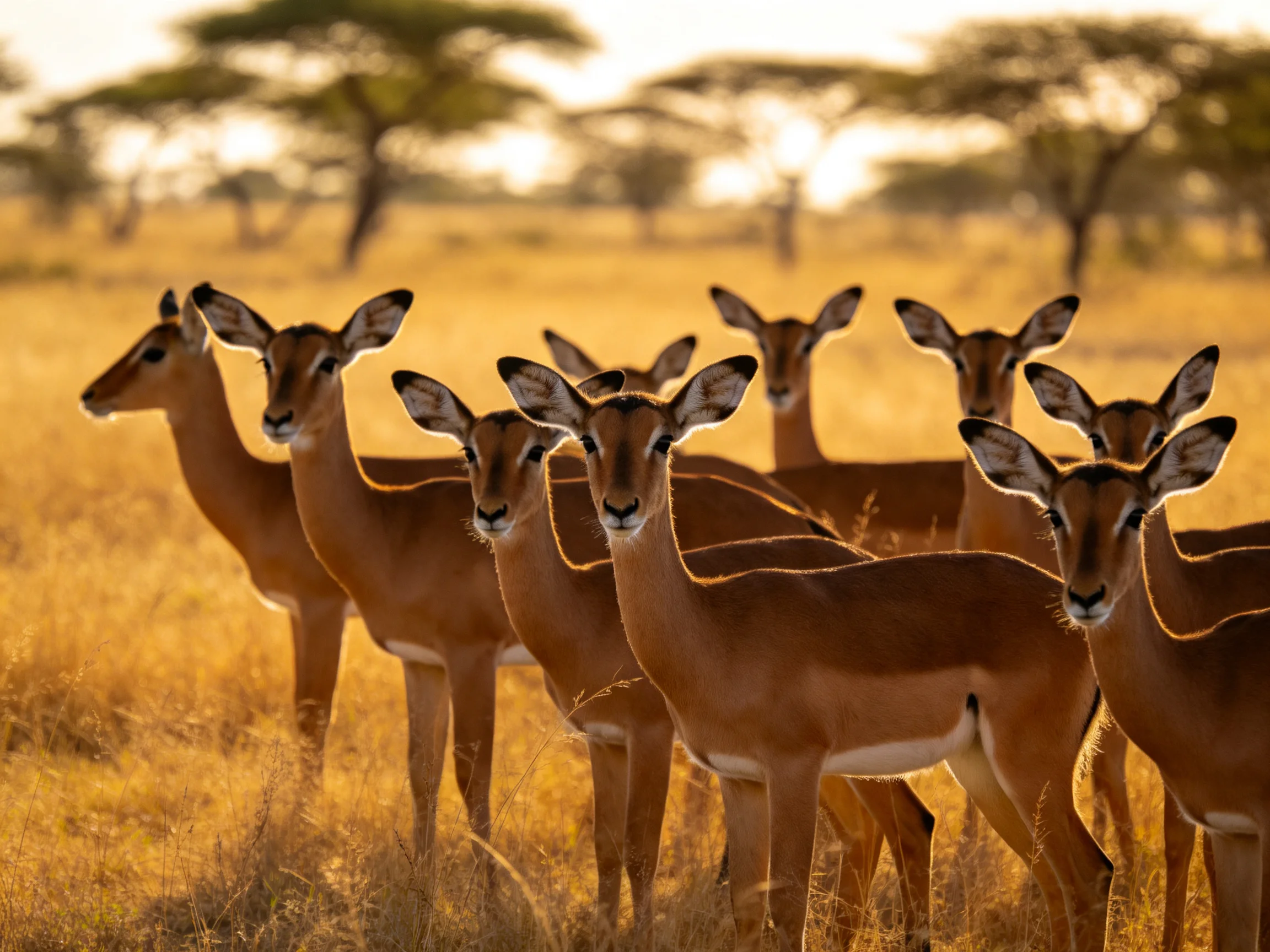 A group of impalas in golden savannah landscape