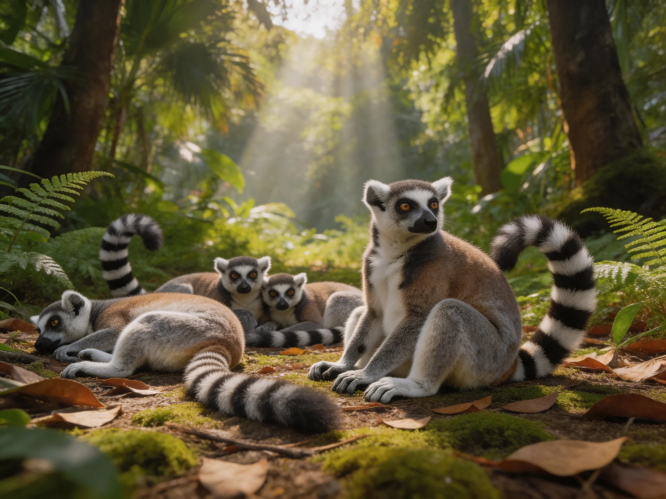A group of ring-tailed lemurs rests in a sun-dappled forest clearing.
