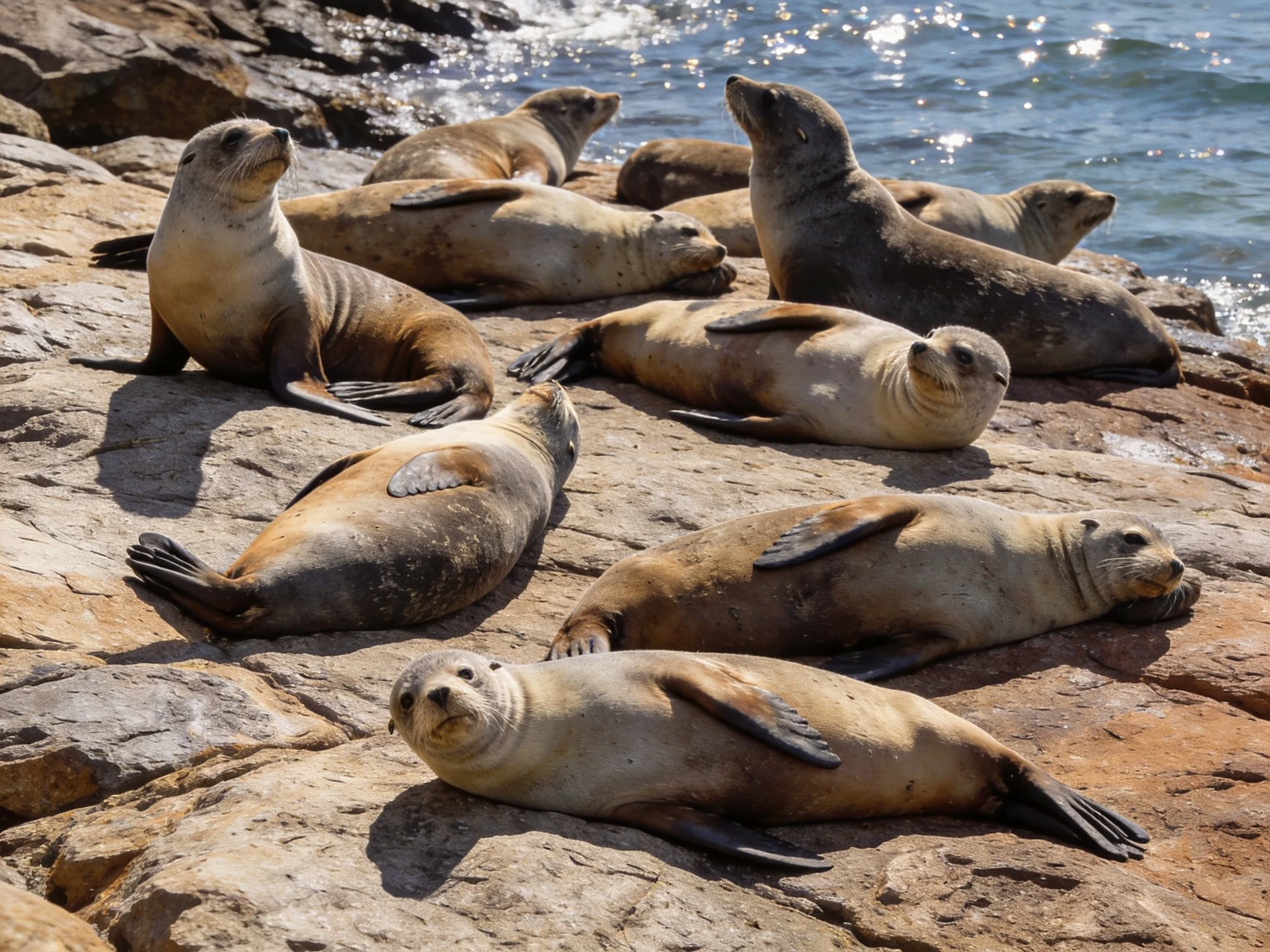 A group of sea lions rests on rocky shore by the glistening ocean
