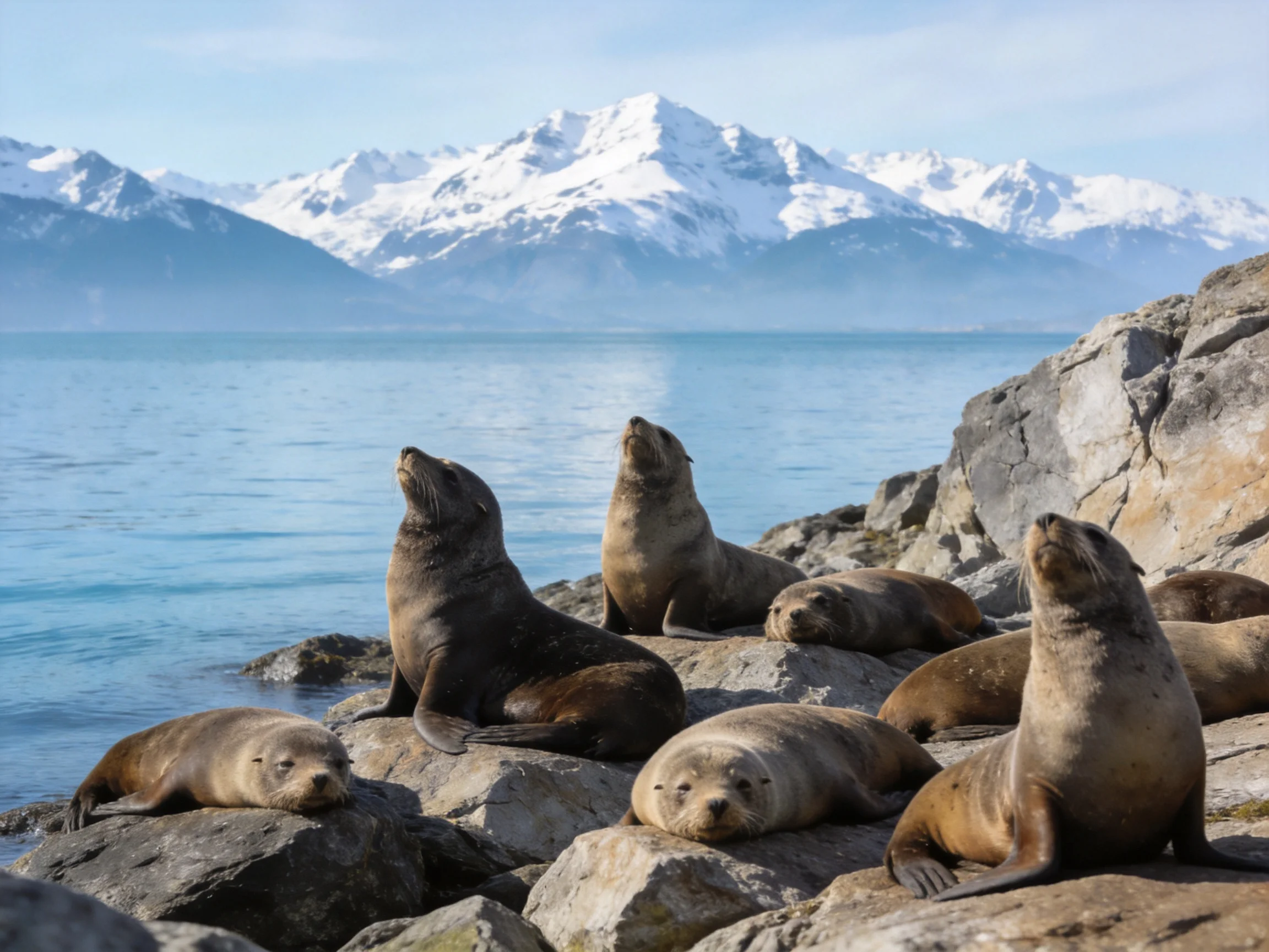 A group of sea lions rests on rocky shores near snow - capped mountains