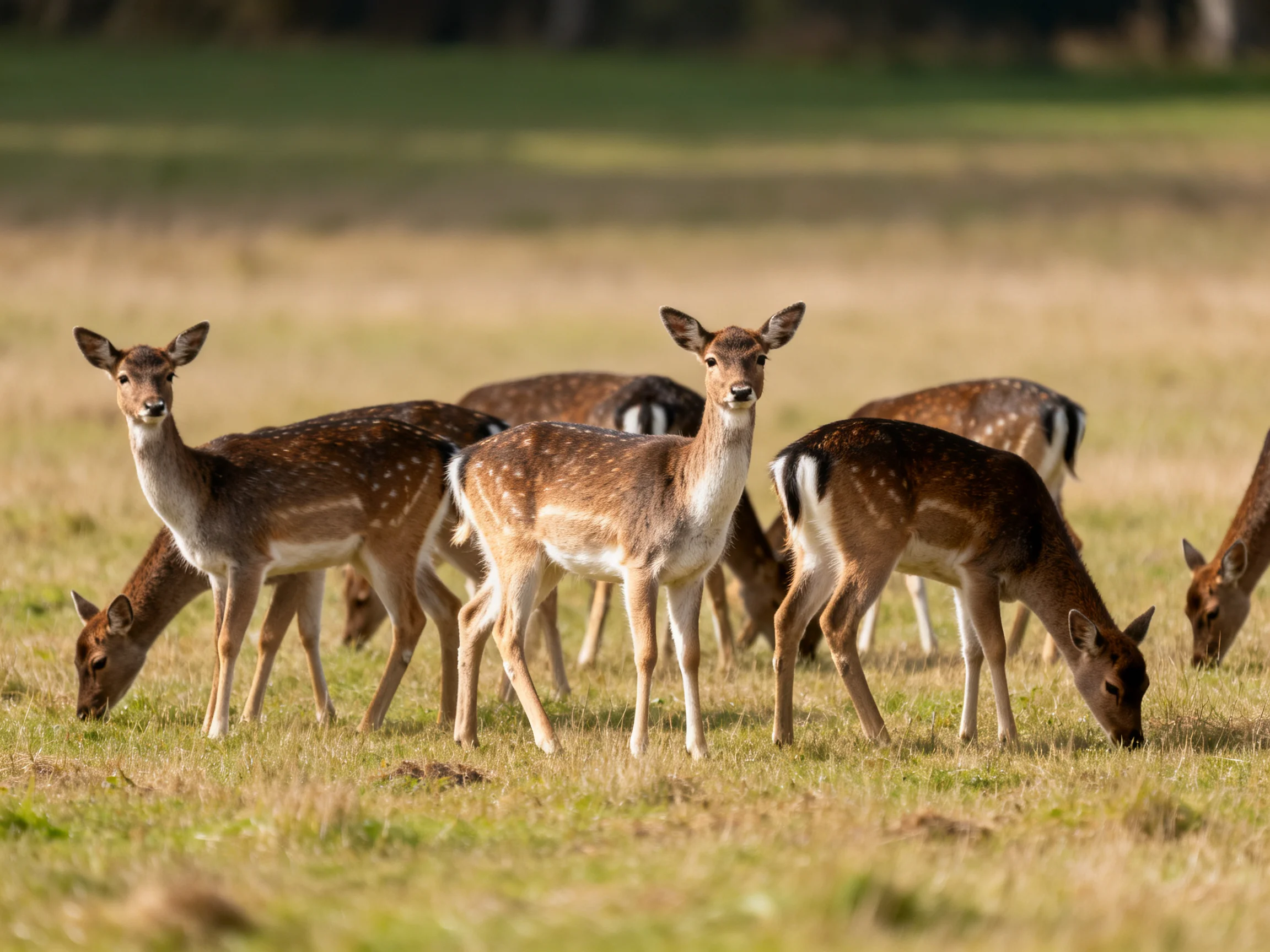 Spotted deer graze in a sunlit open field.