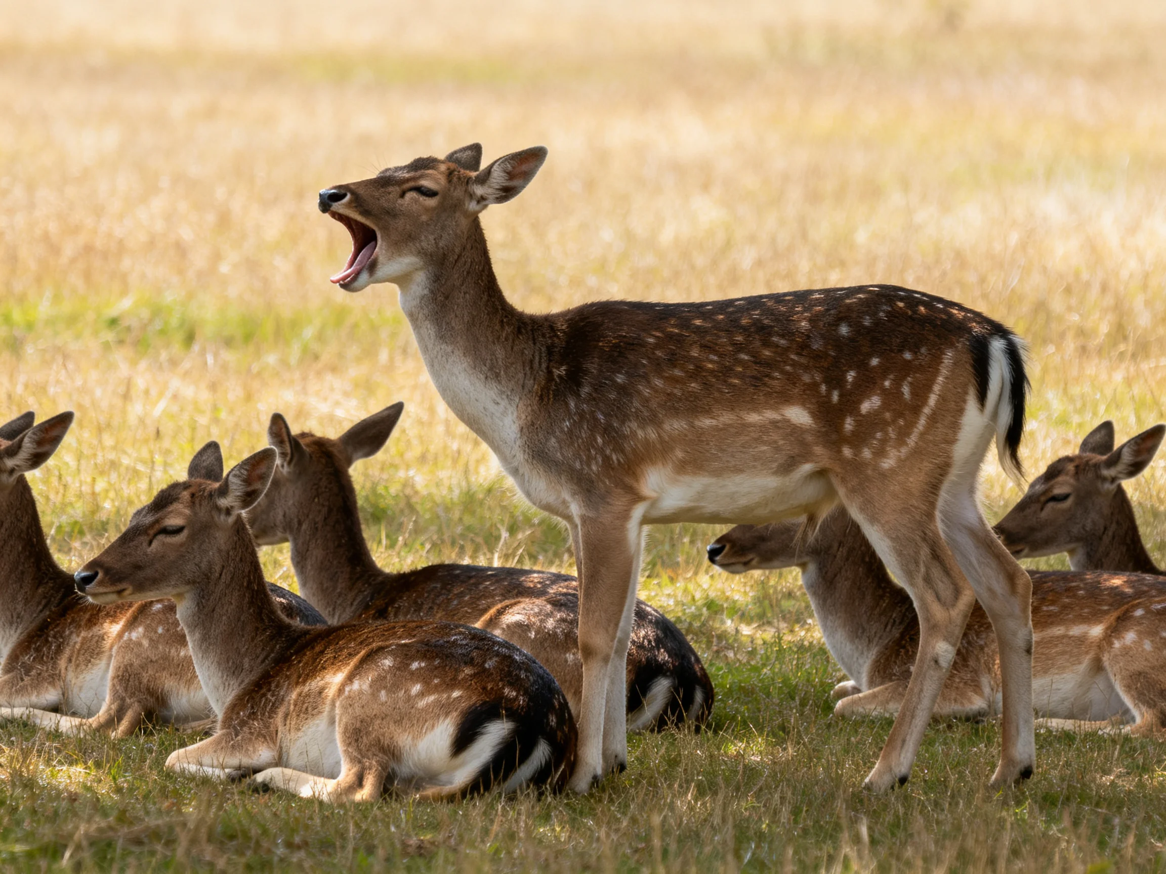 Spotted deer gather in a sunlit grassy field, some resting while one stands.
