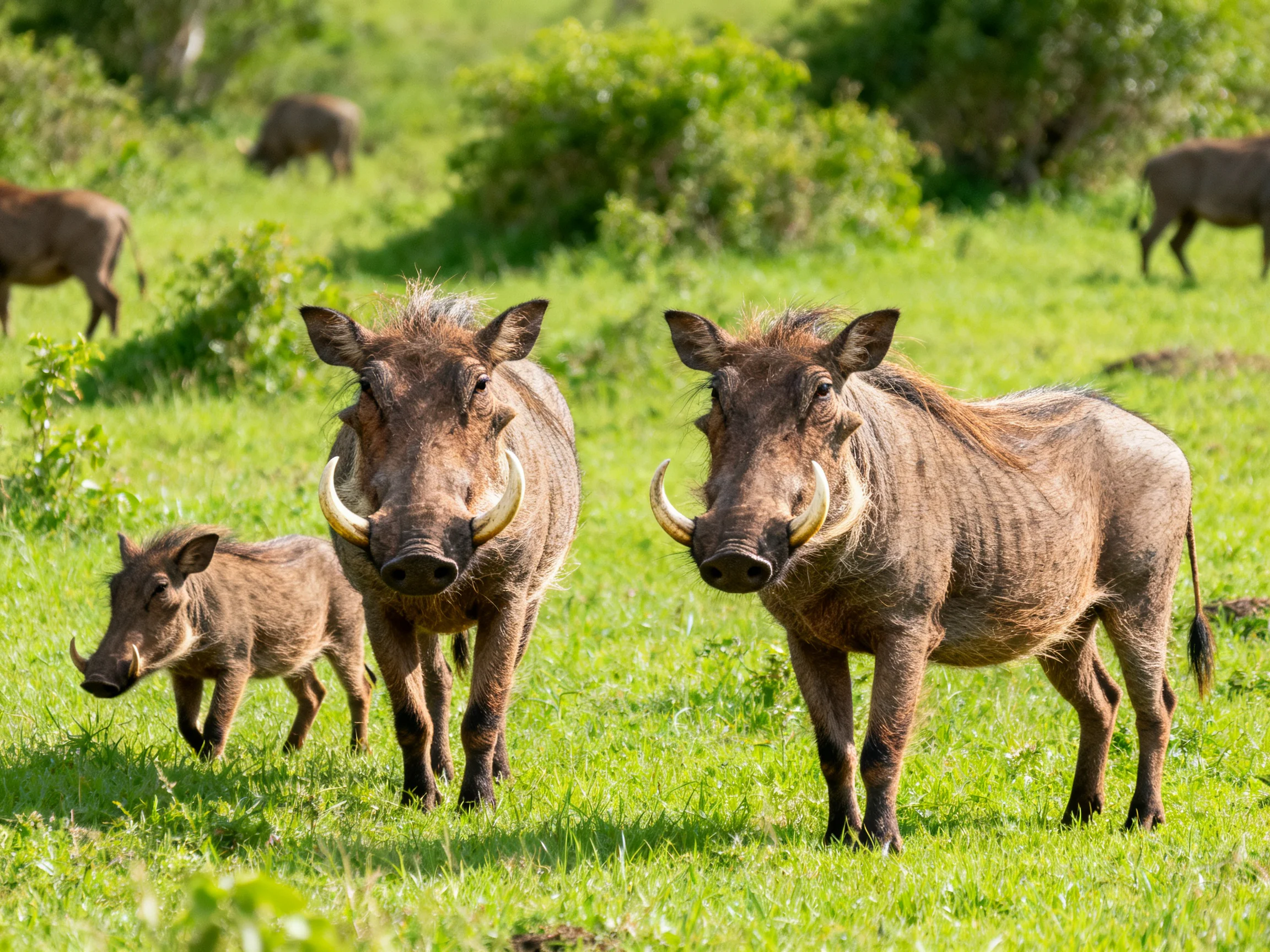 A group of warthogs with curved tusks in a lush green savannah