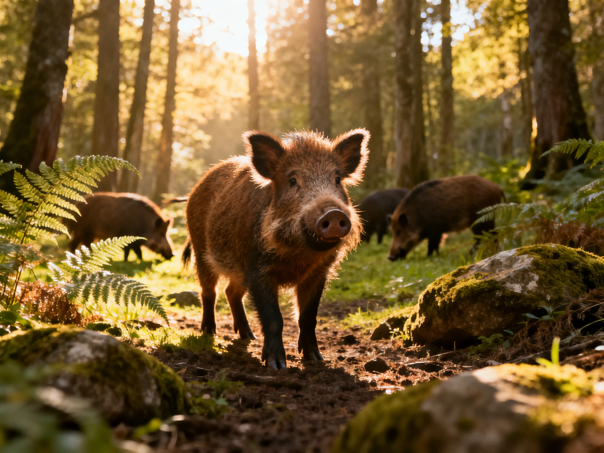 A group of wild boars roams a sun-dappled forest glade
