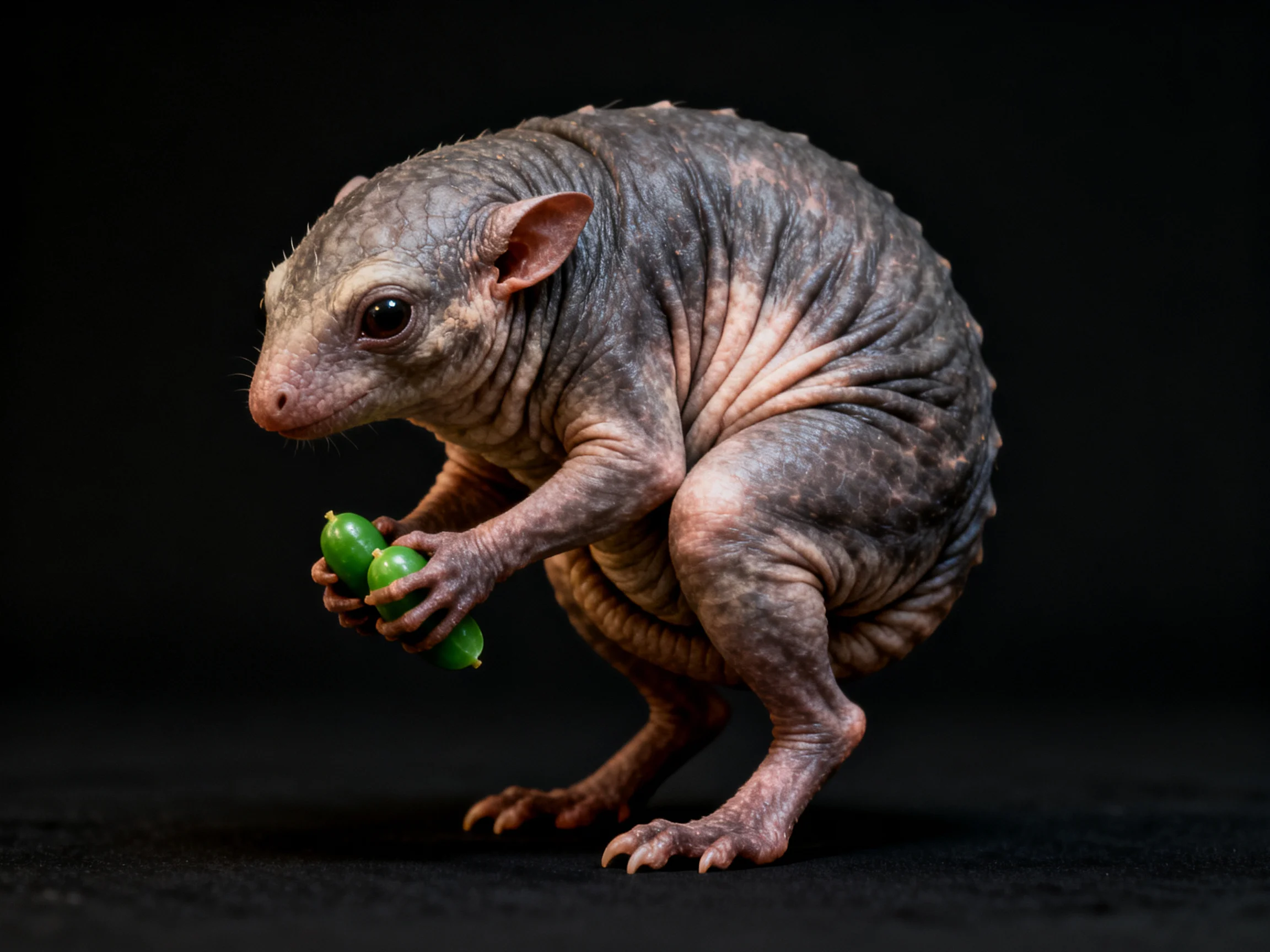 A hairless gray mammal holds two green fruits on a black backdrop