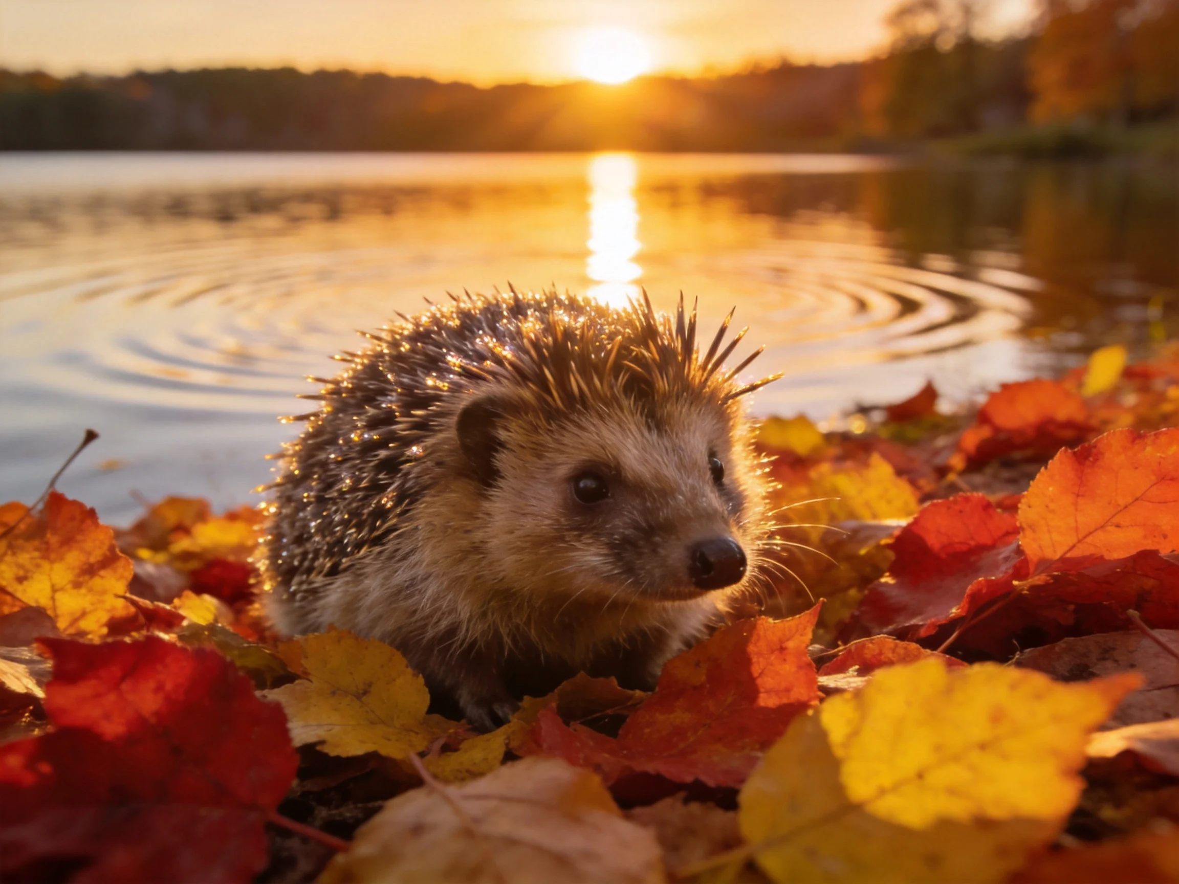 A hedgehog among vibrant fall leaves near a glowing lakeside sunset