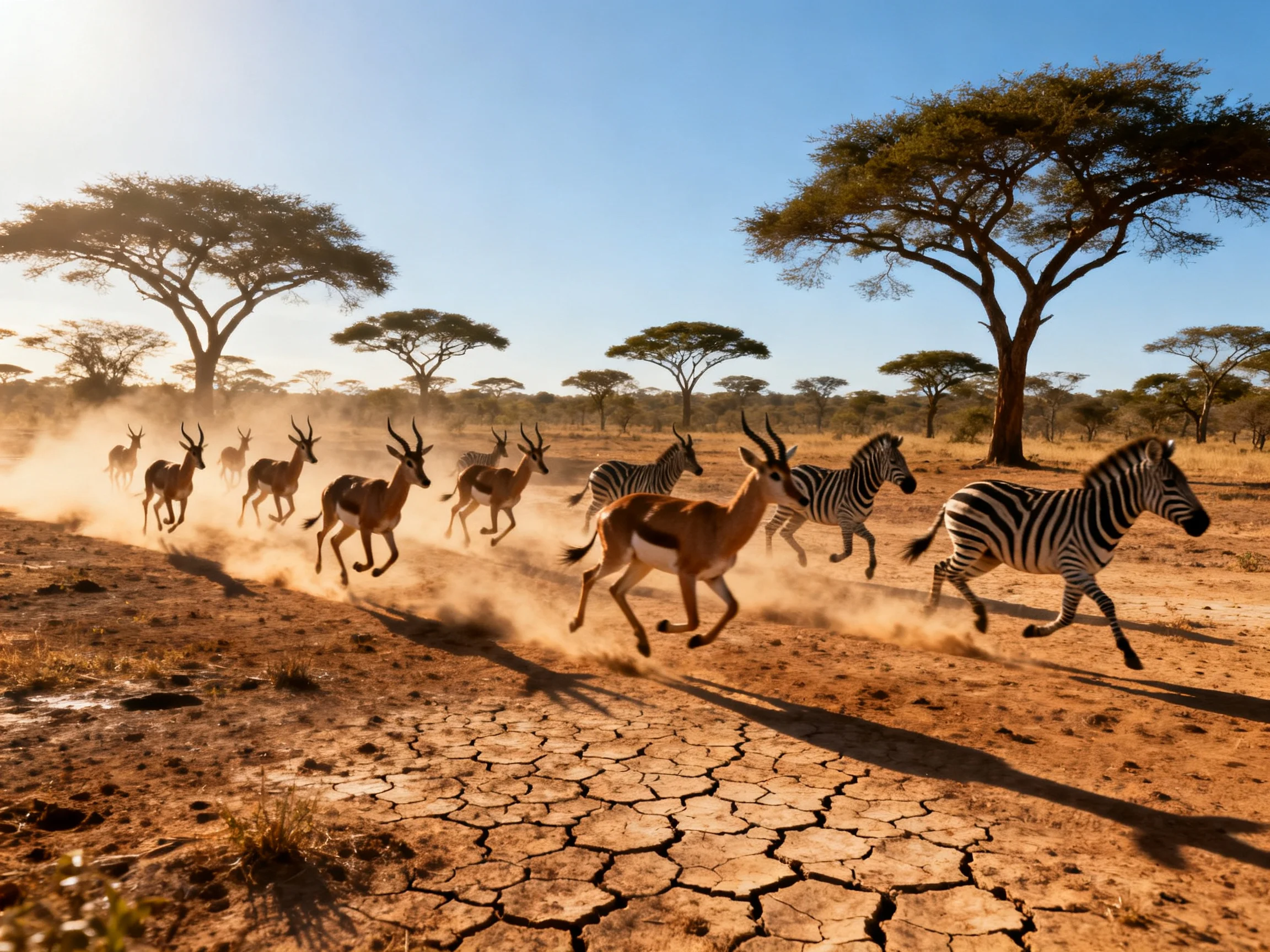 A herd of antelopes and zebras sprinting through dusty savannah