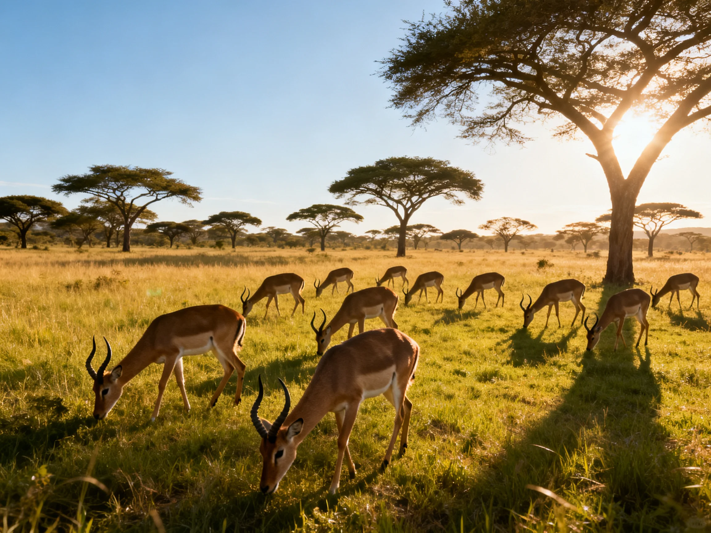 Antelopes graze in a sunlit savannah with scattered acacia trees.