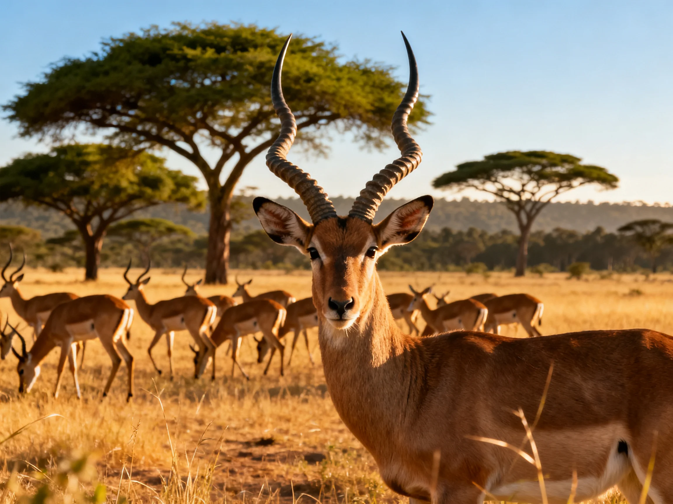 A herd of antelopes in a golden savannah with acacia trees
