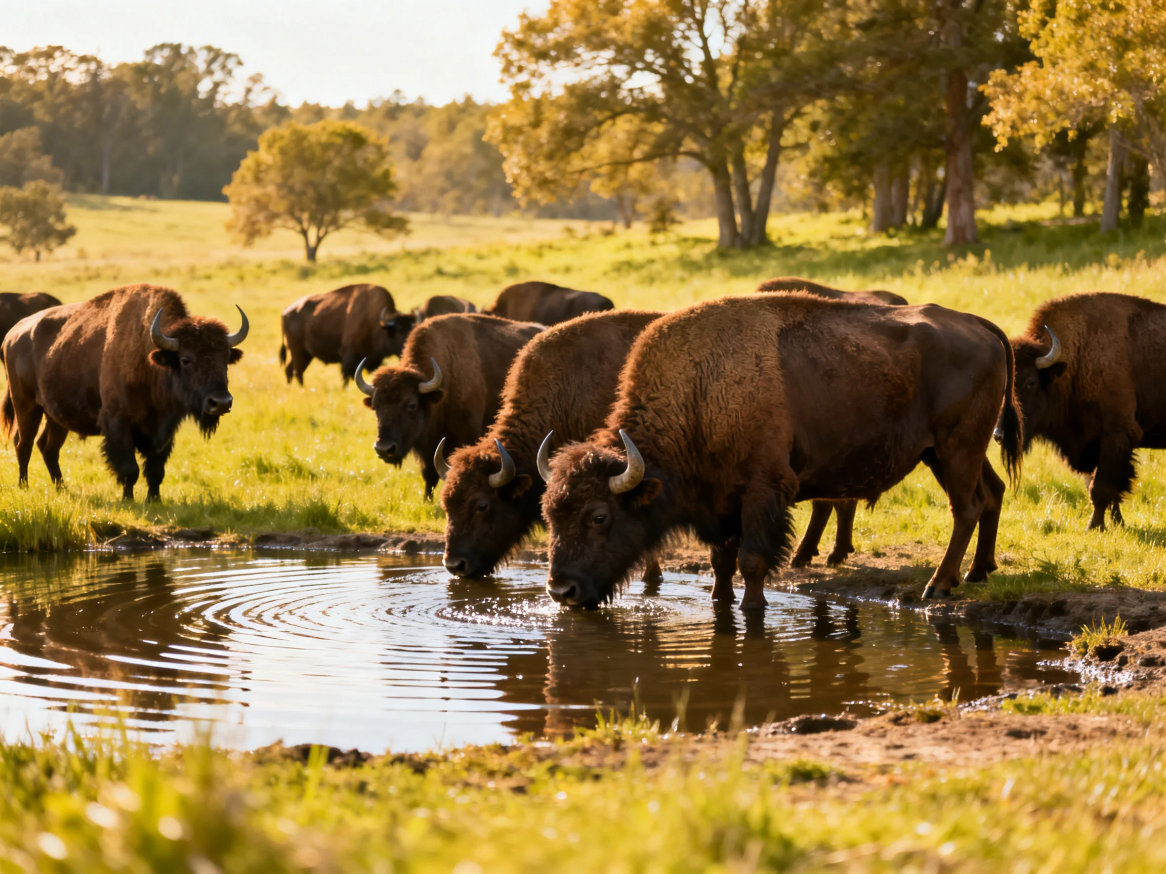 A herd of brown bison drinks from a small pond in a sunlit meadow