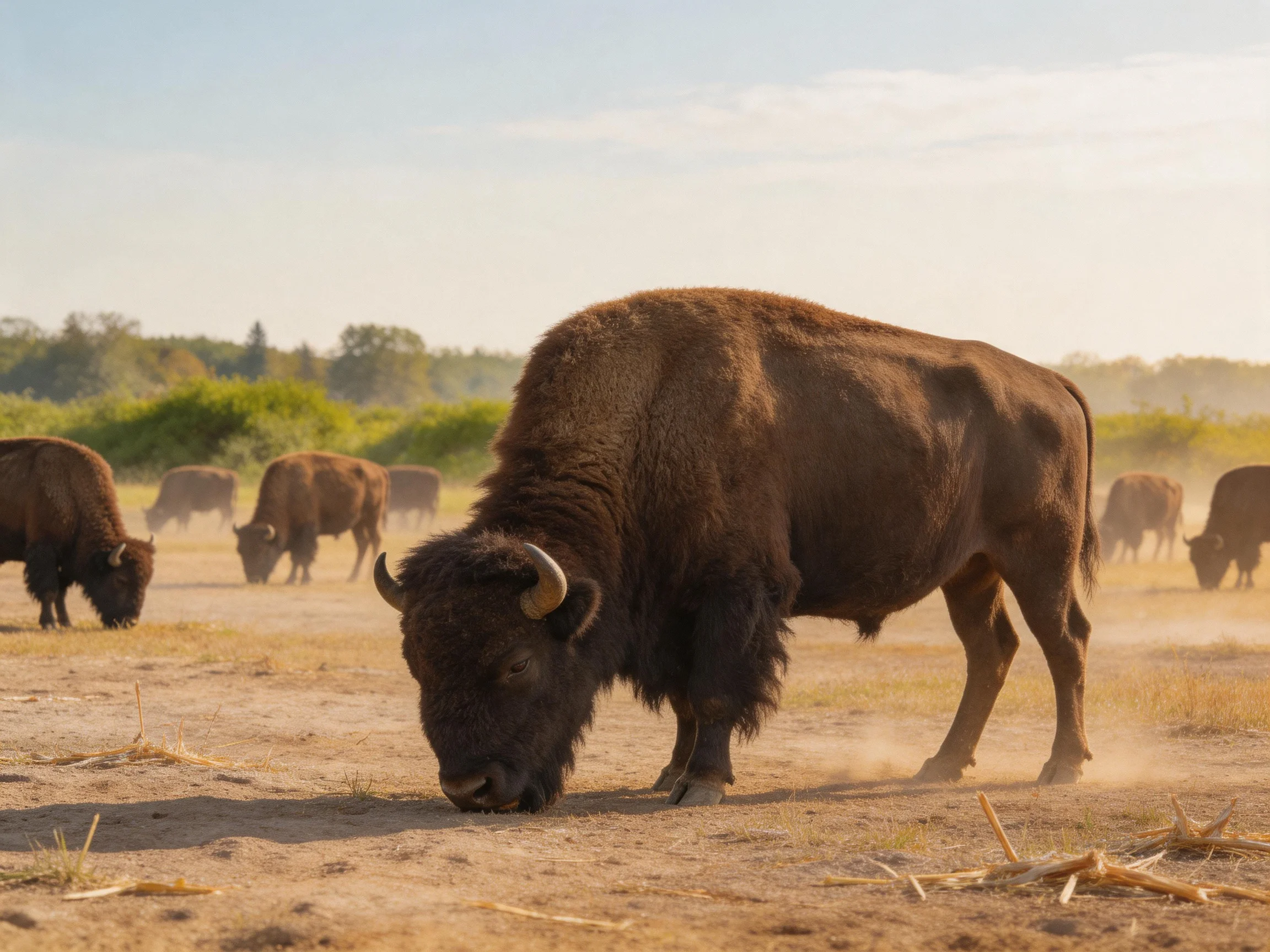 A herd of brown bison grazing in a dusty open landscape