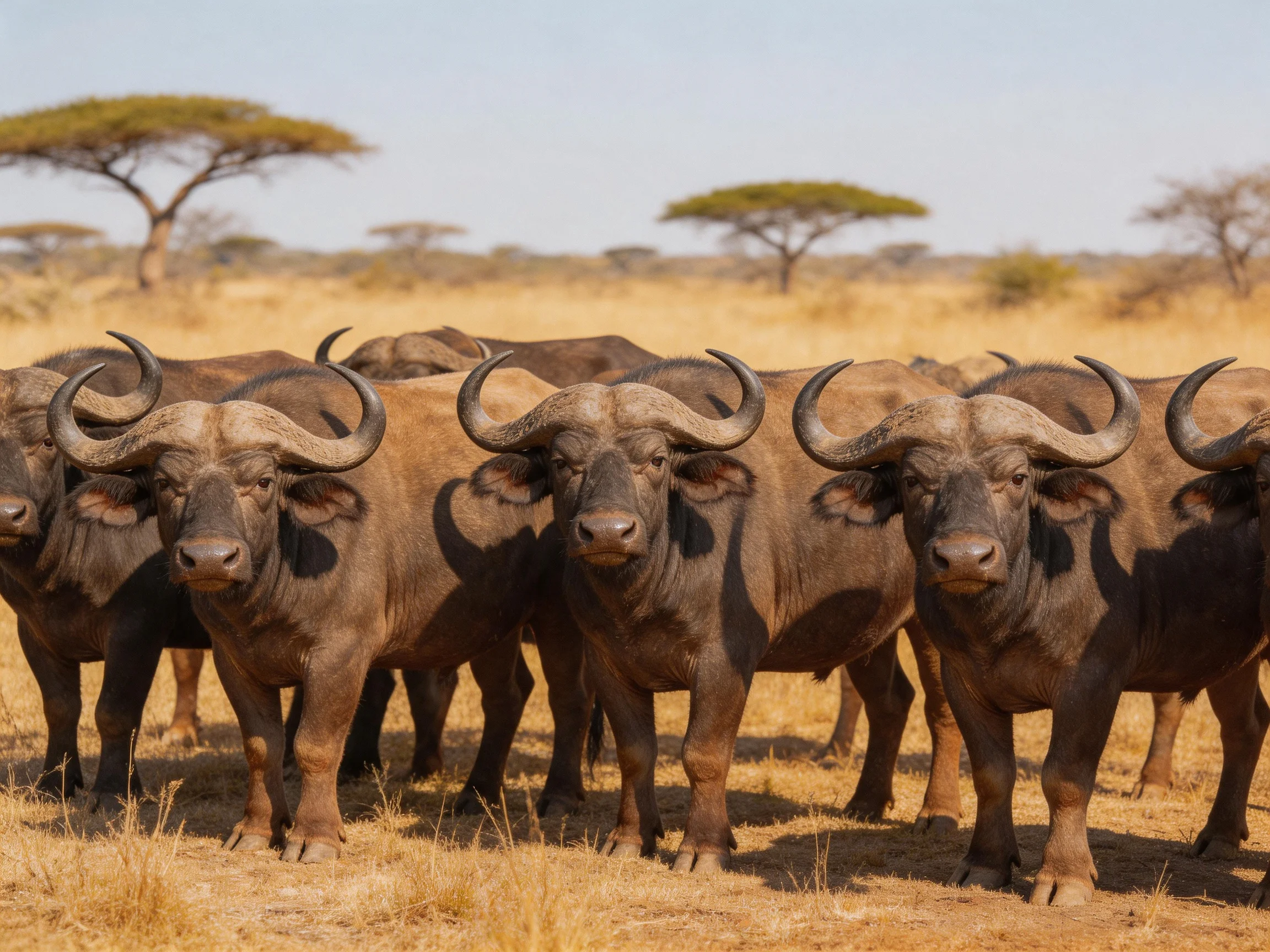 A herd of dark brown buffalo in golden savannah with acacia trees