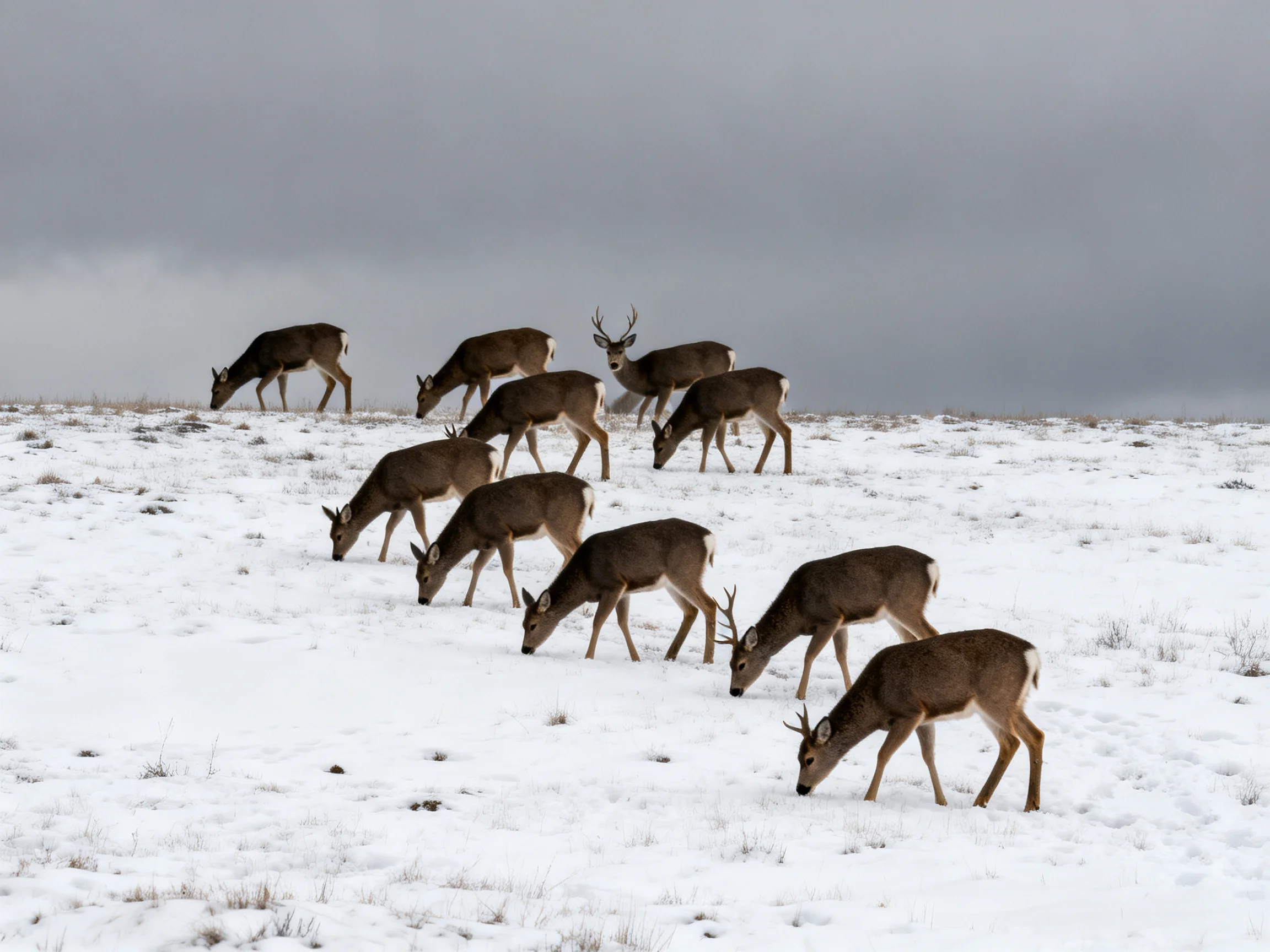 A herd of deer forages on a snow-covered open field