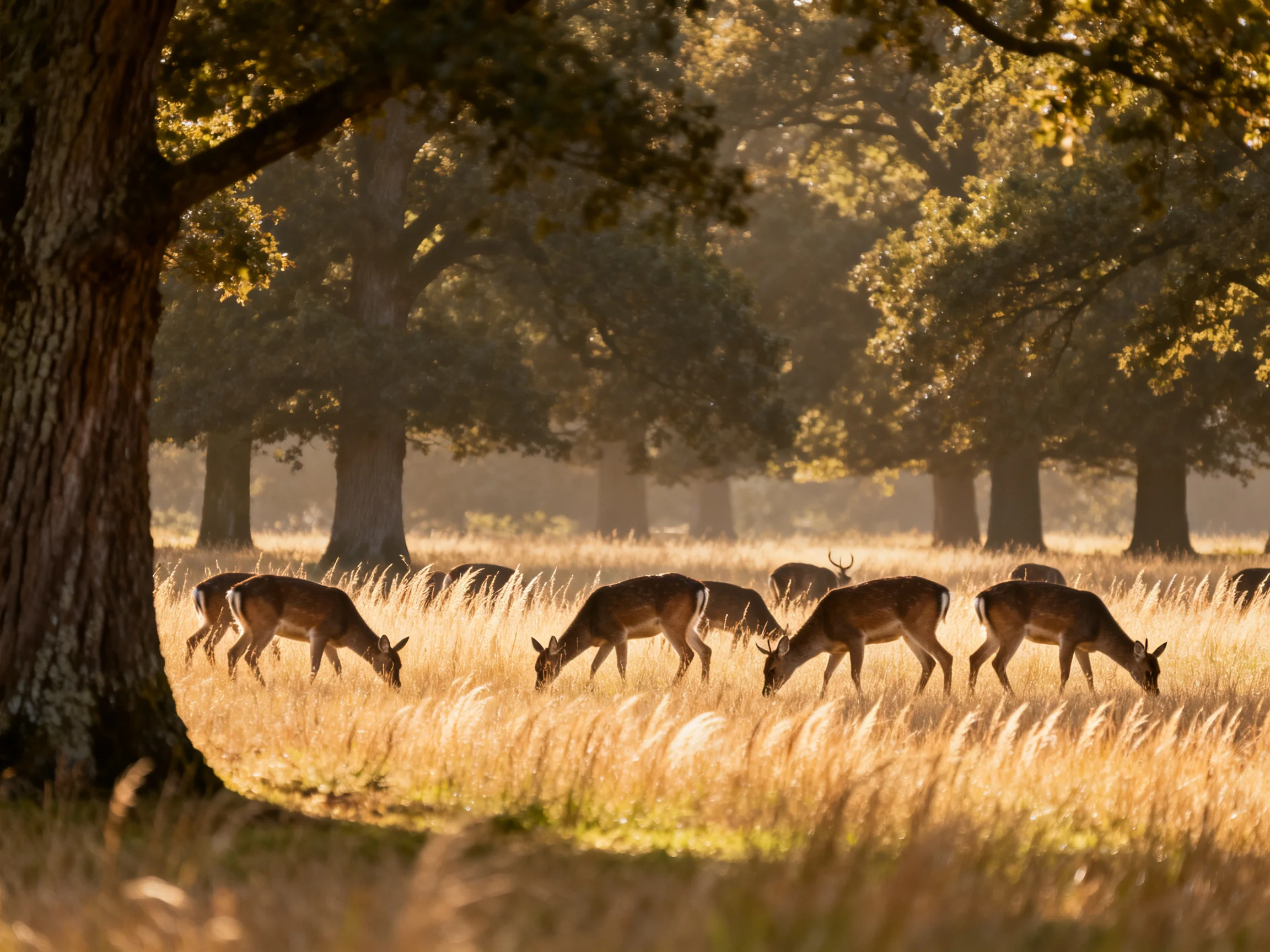 A herd of deer grazing in a sunlit golden meadow with tall oak trees