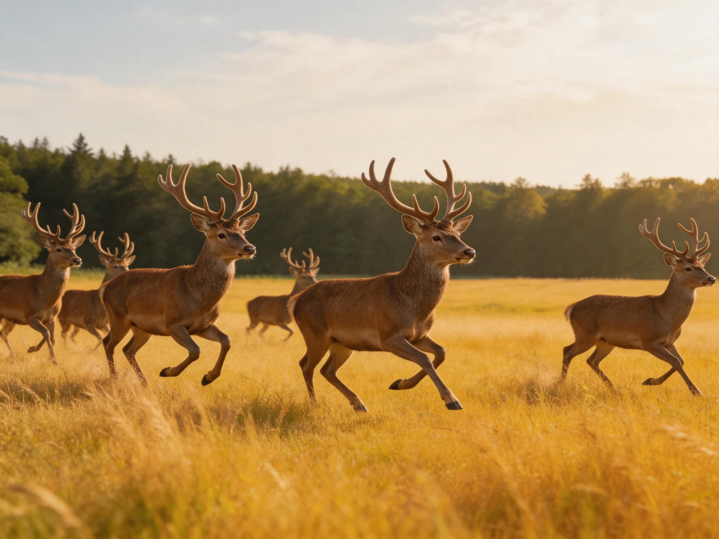A herd of deer with antlers runs through a golden meadow near a forest