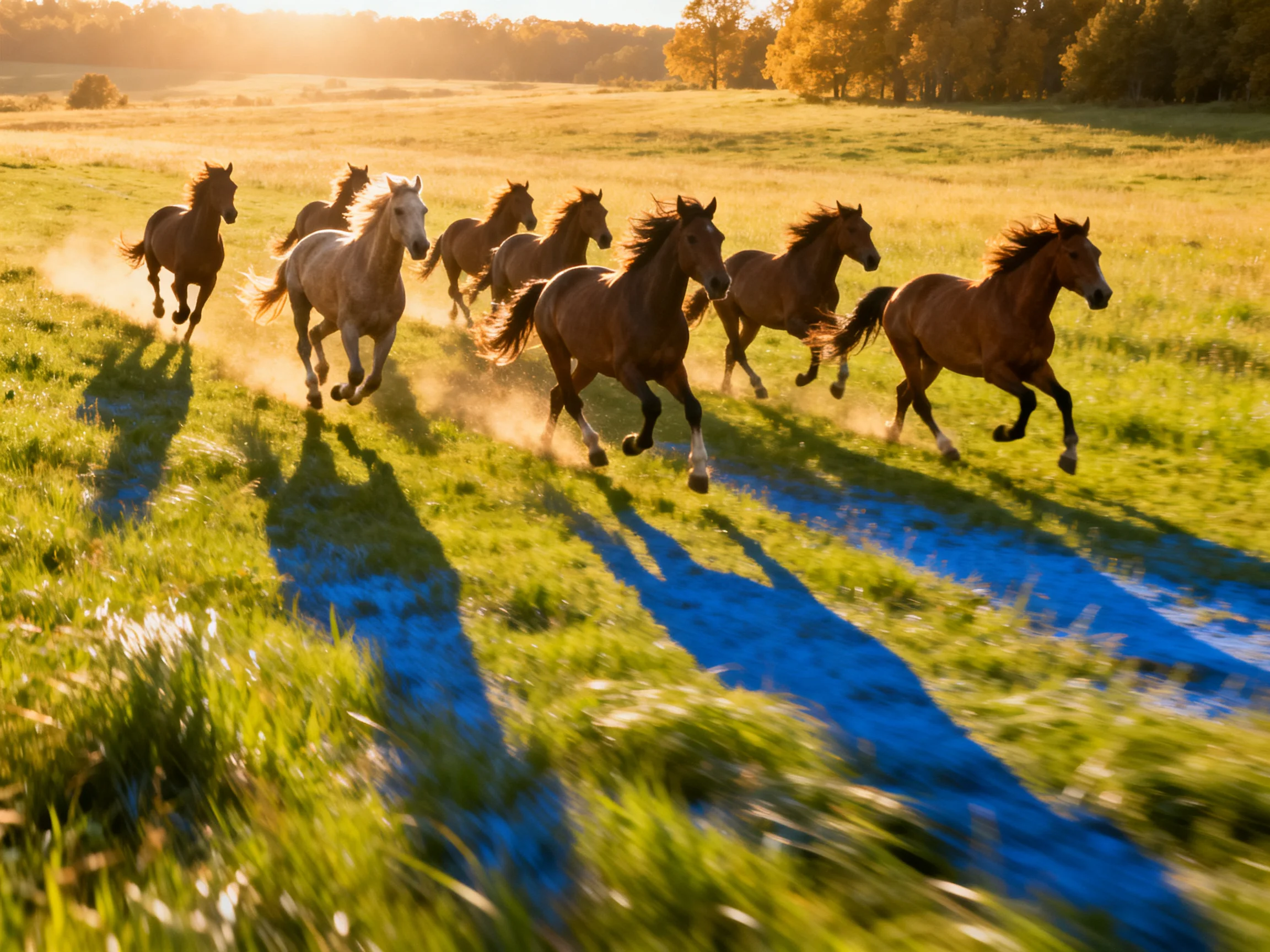 A herd of horses galloping through a sunlit meadow at sunset