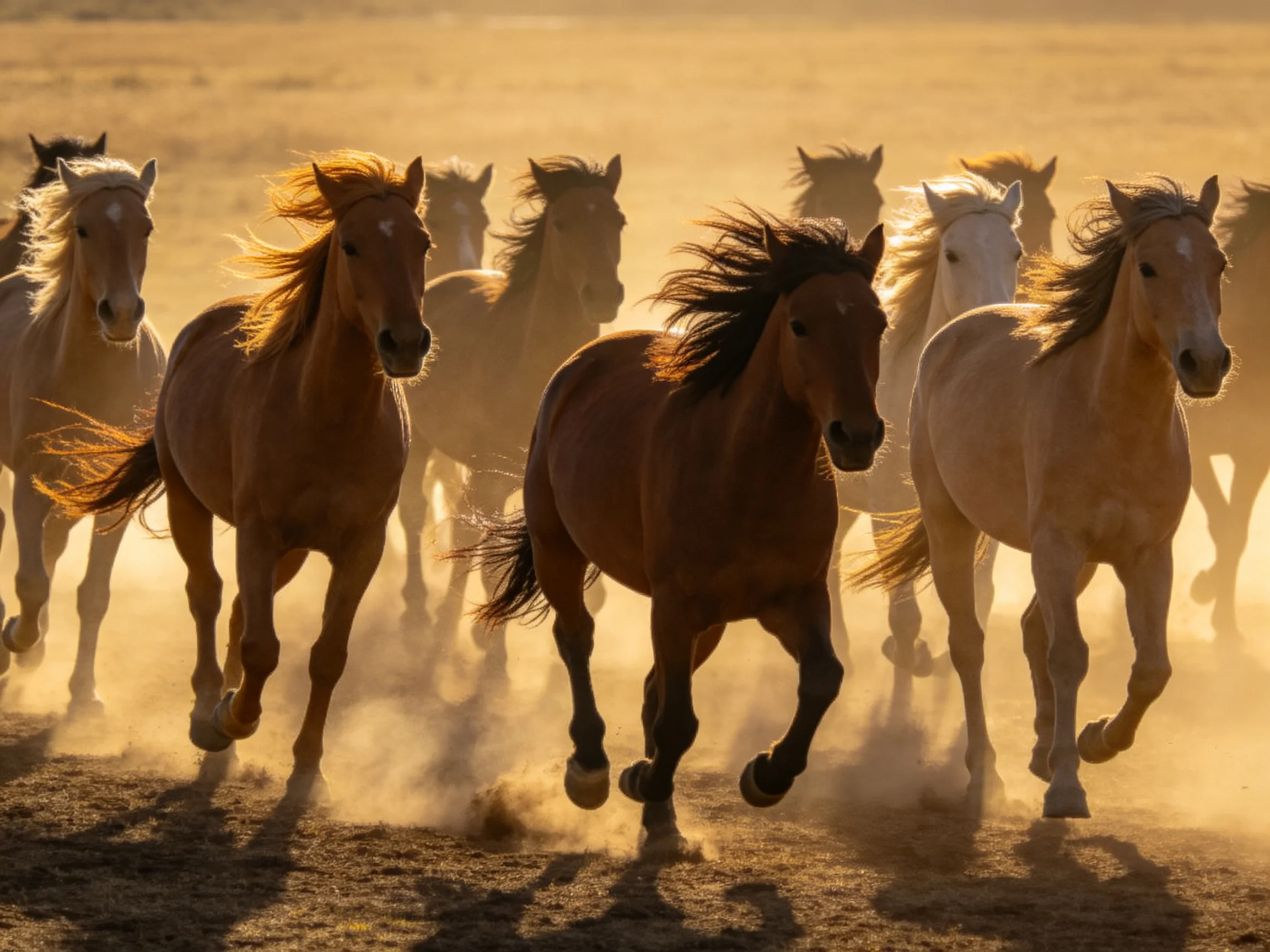 A herd of horses gallops through golden dust in an open field.