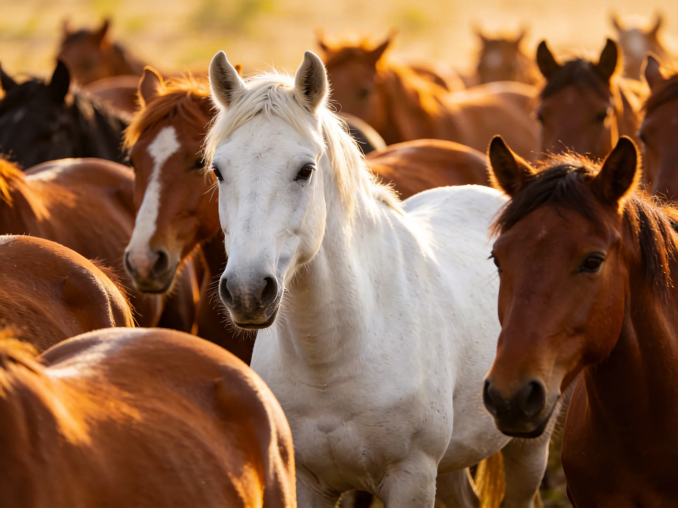 A herd of horses with a standout white stallion