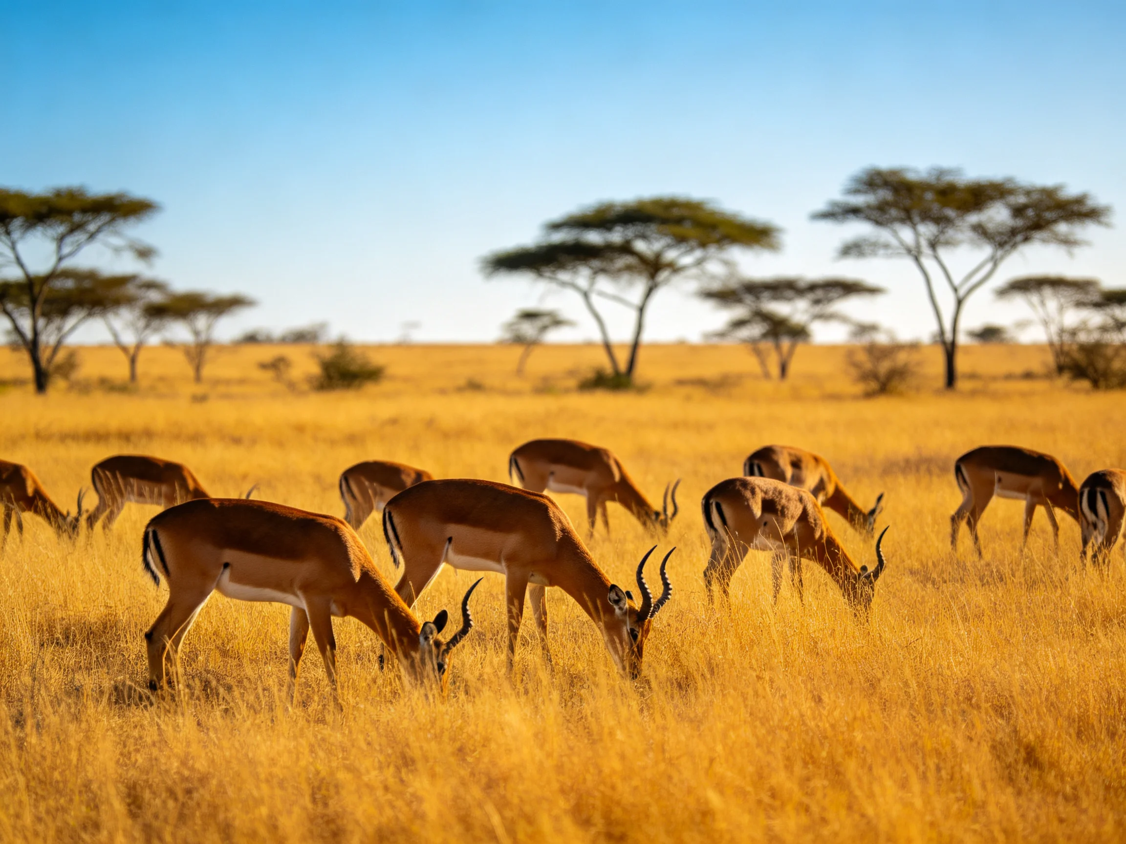 Impalas graze peacefully in a golden savannah field surrounded by acacia trees.