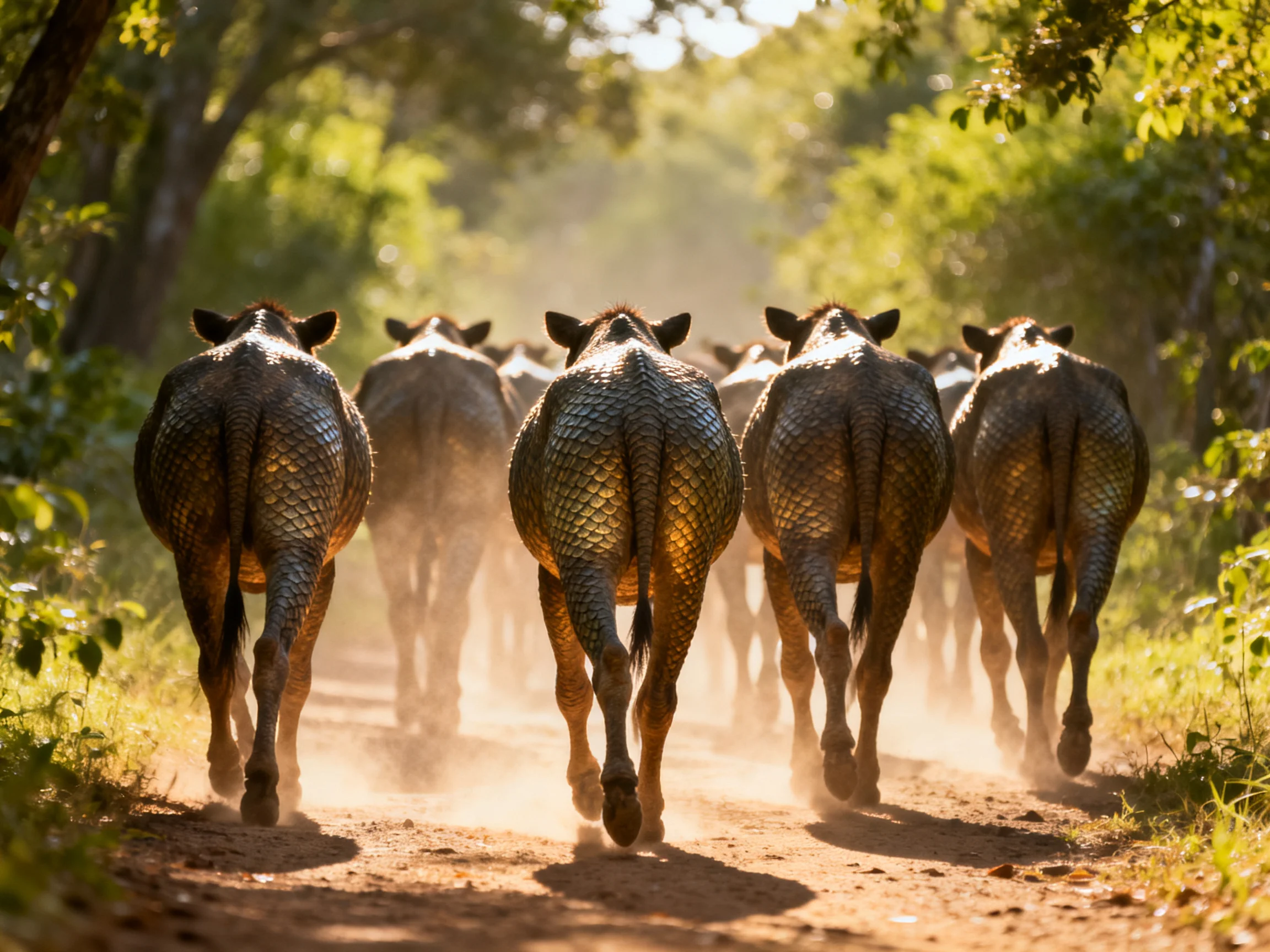 A herd of scaled-coated animals marches along a sunlit forest path