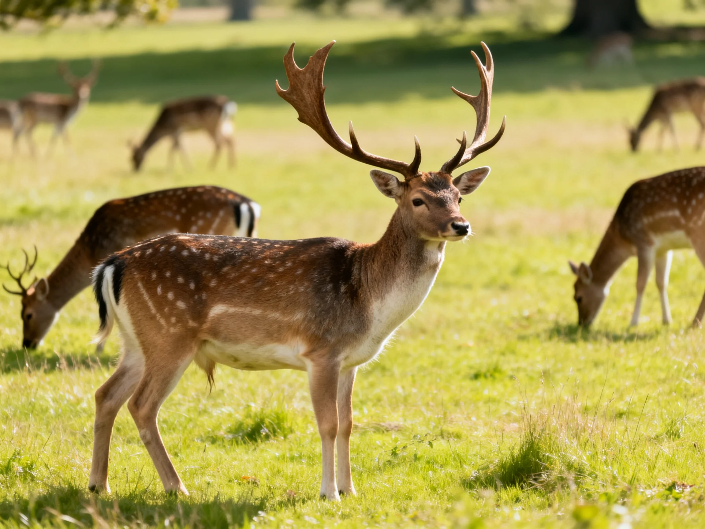 A herd of spotted deer graze in a sunlit green meadow