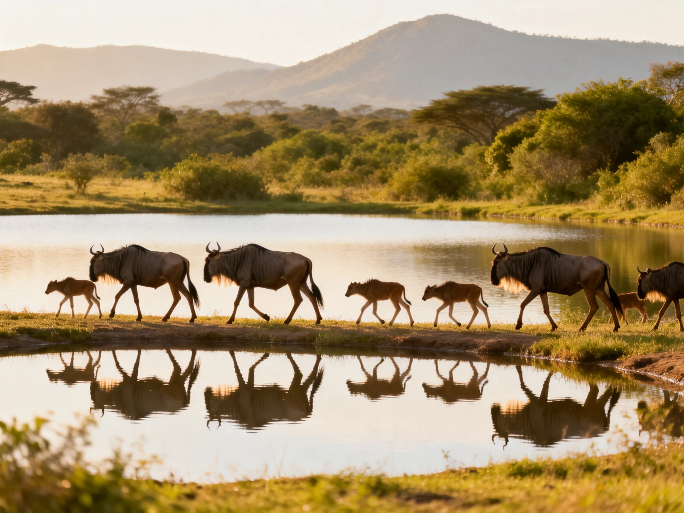 A herd of wildebeests and calves near a reflective water body