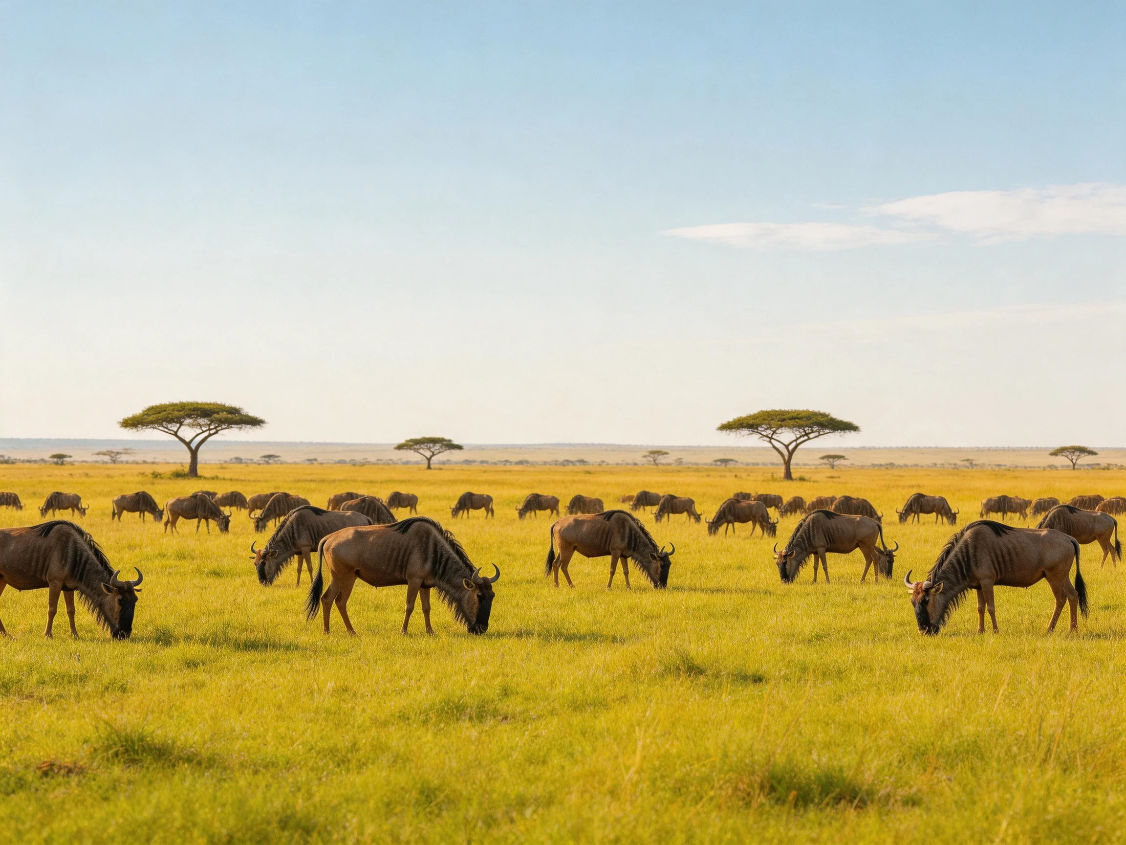 Wildebeests graze across a golden savannah dotted with acacia trees.