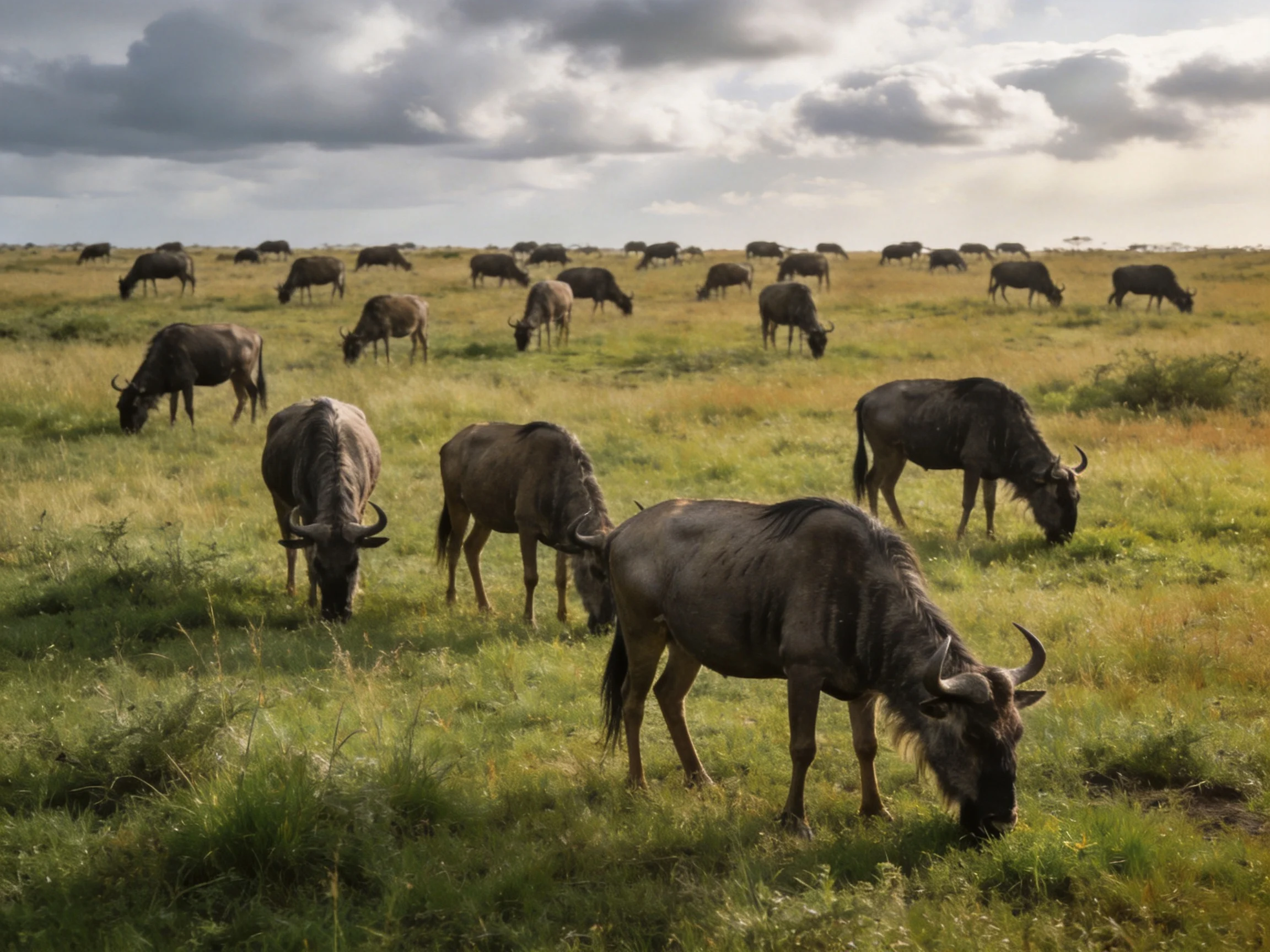 A herd of wildebeests grazing on lush green savannah under cloudy skies