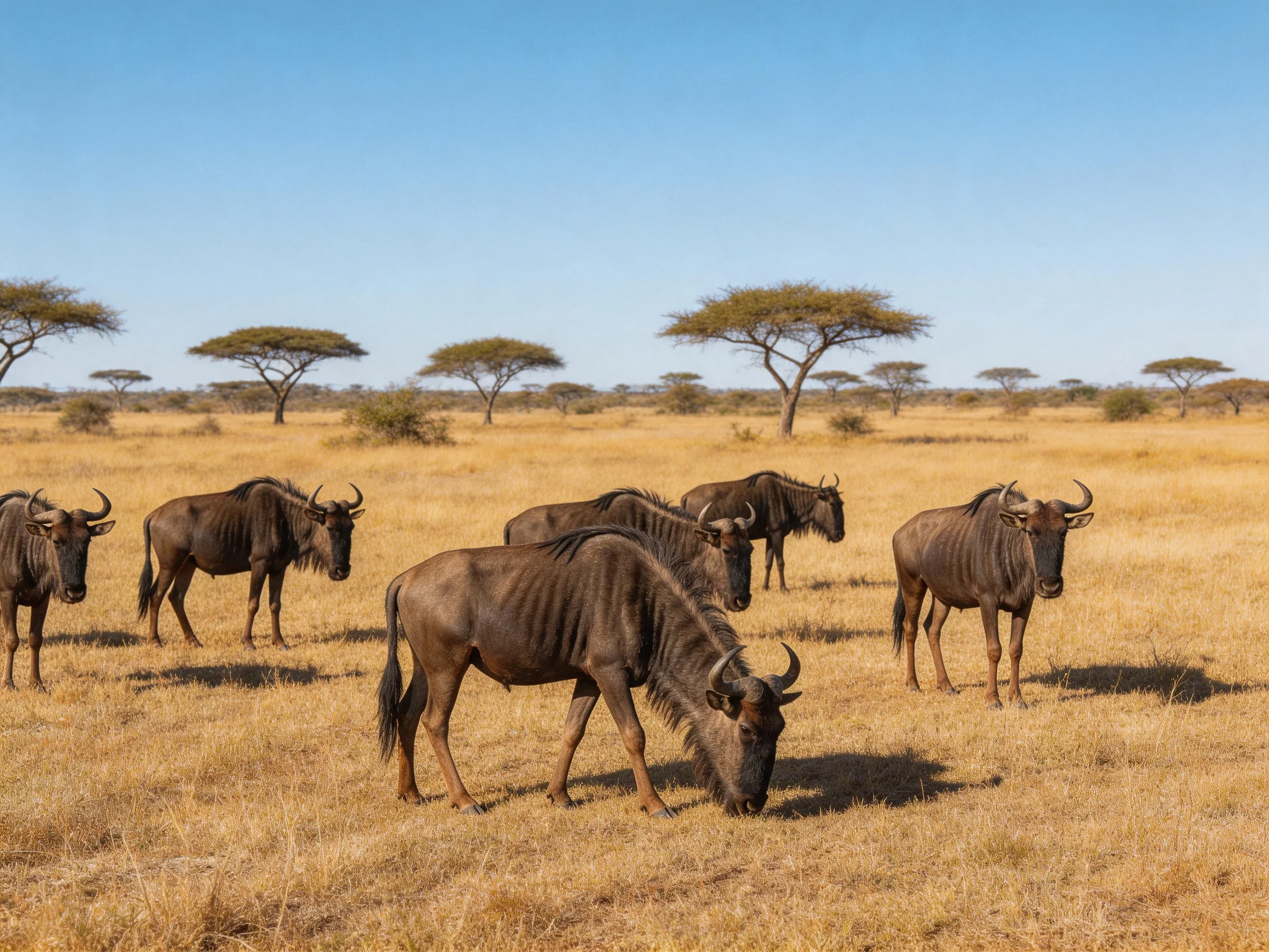 A herd of wildebeests in a golden savannah with scattered acacia trees