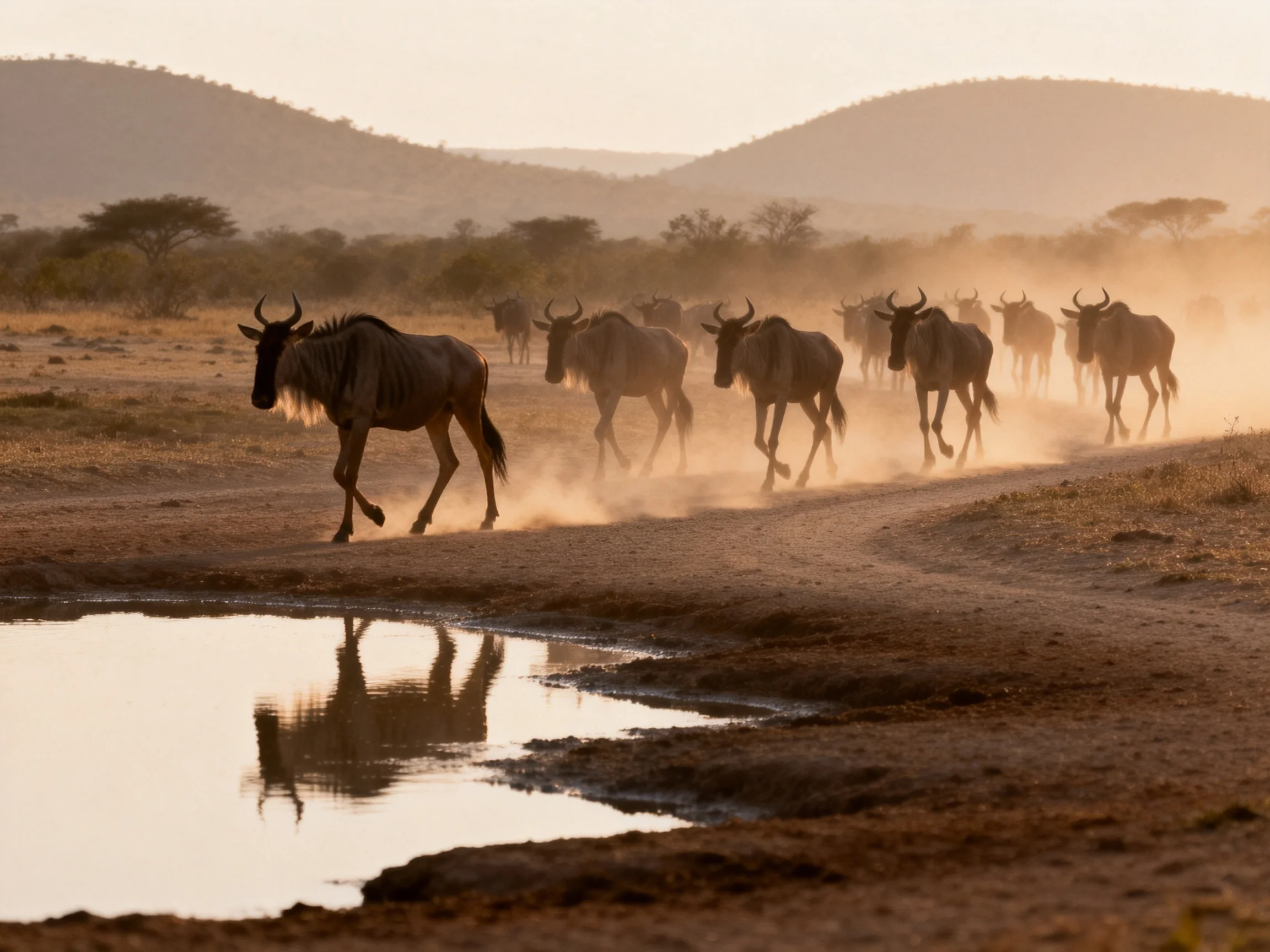 A herd of wildebeests running near a golden savannah waterhole