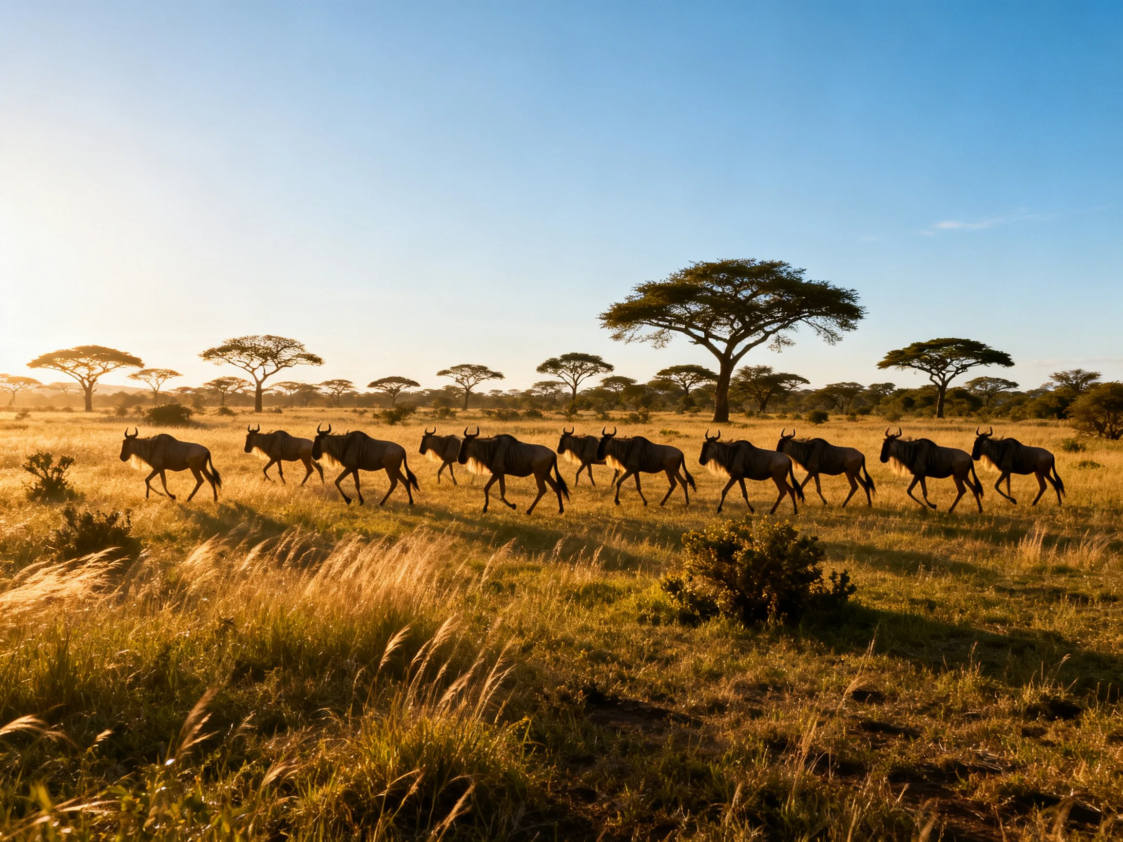 A herd of wildebeests traverses a golden savannah with acacia trees