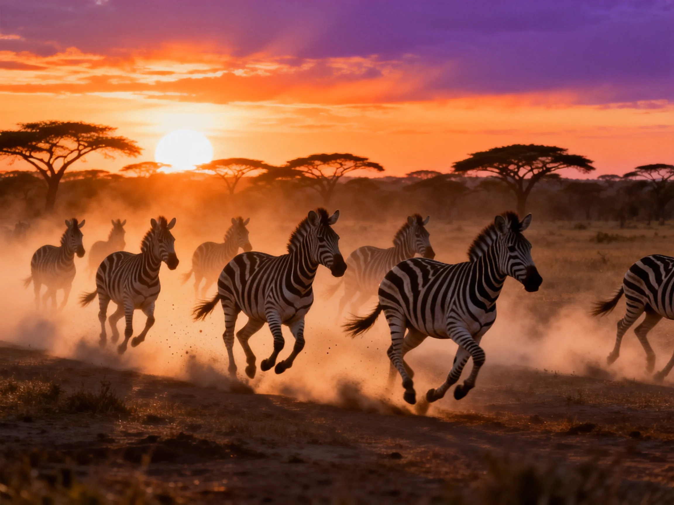 A herd of zebras sprinting through dust under a vivid sunset sky