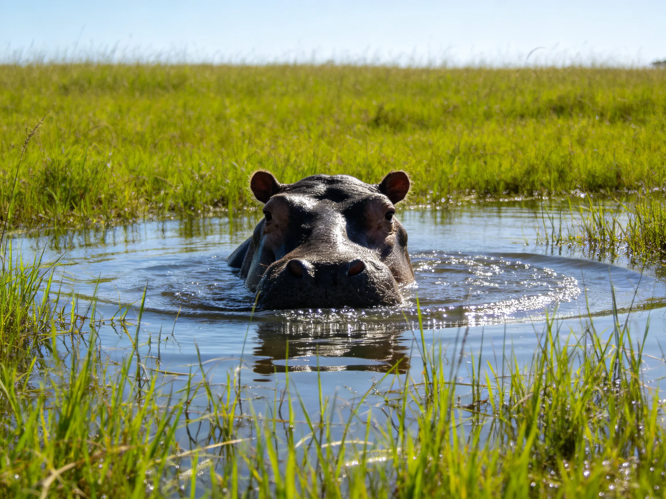 A hippopotamus emerges from calm water surrounded by tall green grass.