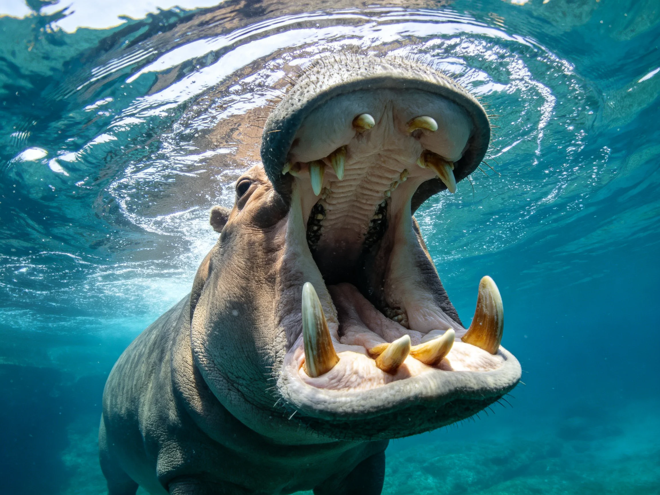 A hippopotamus underwater with wide-open mouth revealing large teeth