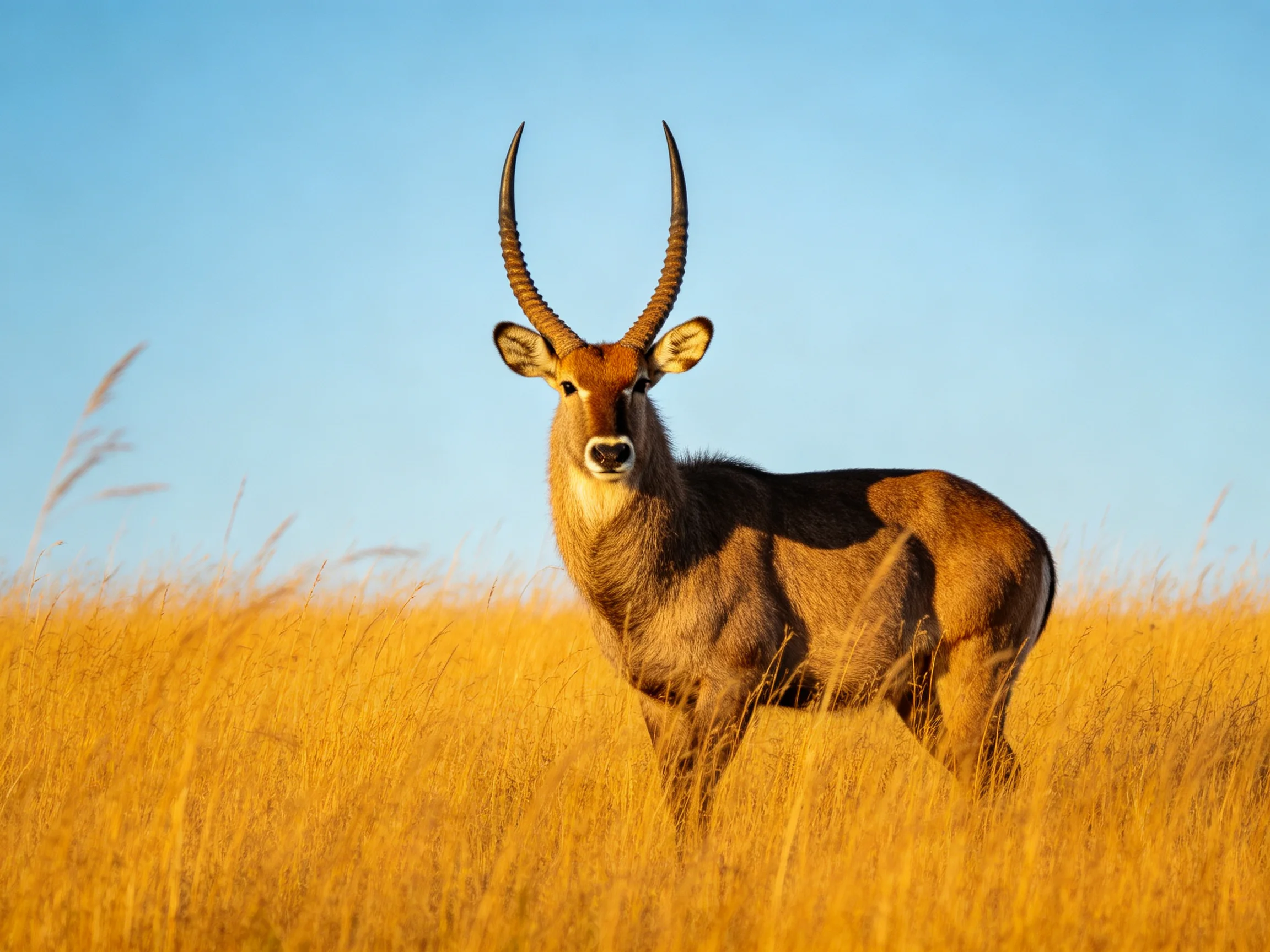 A horned antelope in golden savannah grass under clear blue sky
