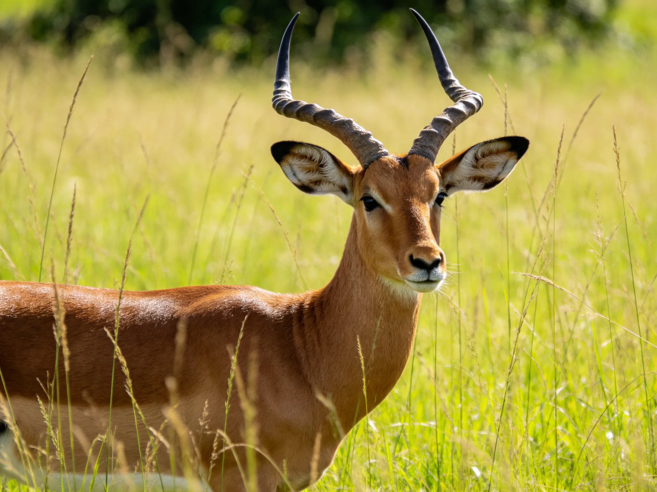 A horned antelope in tall green grass under sunlight