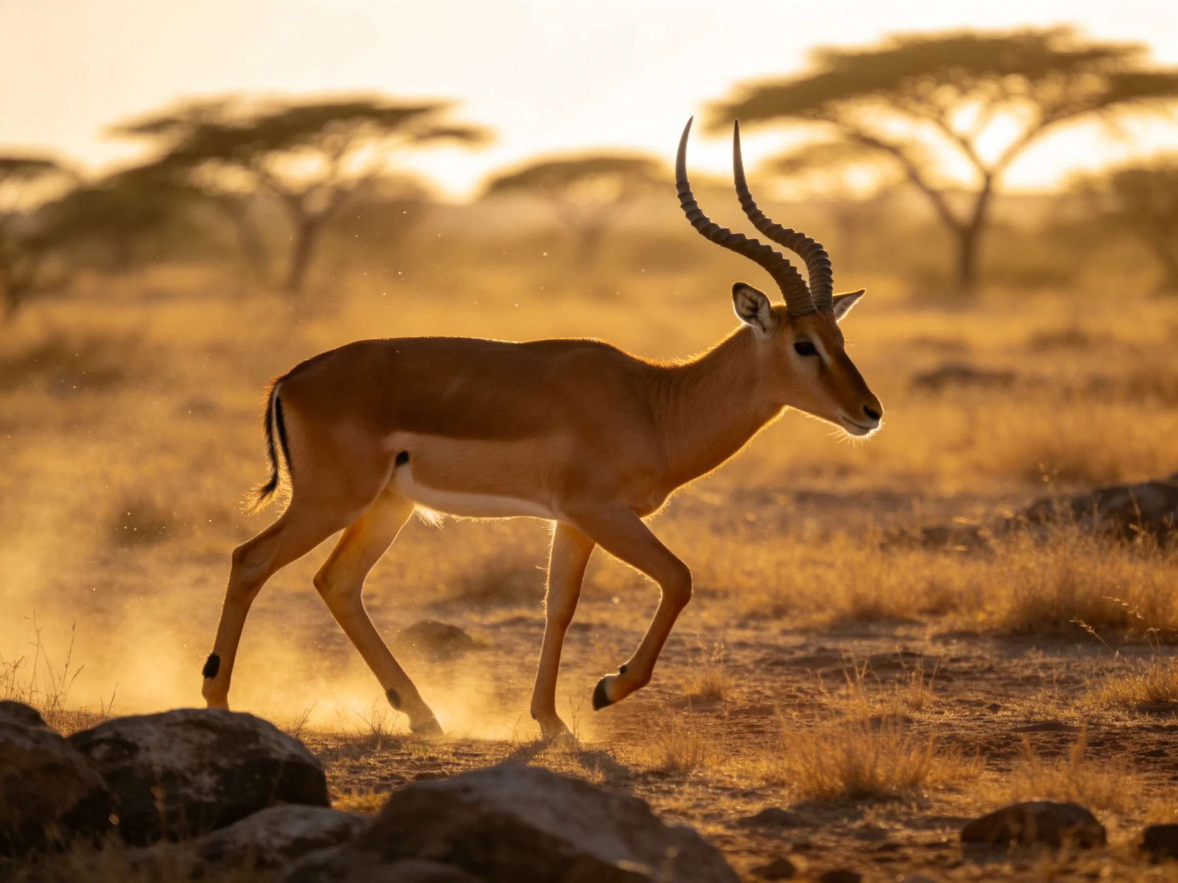 A horned antelope runs through a golden savannah landscape