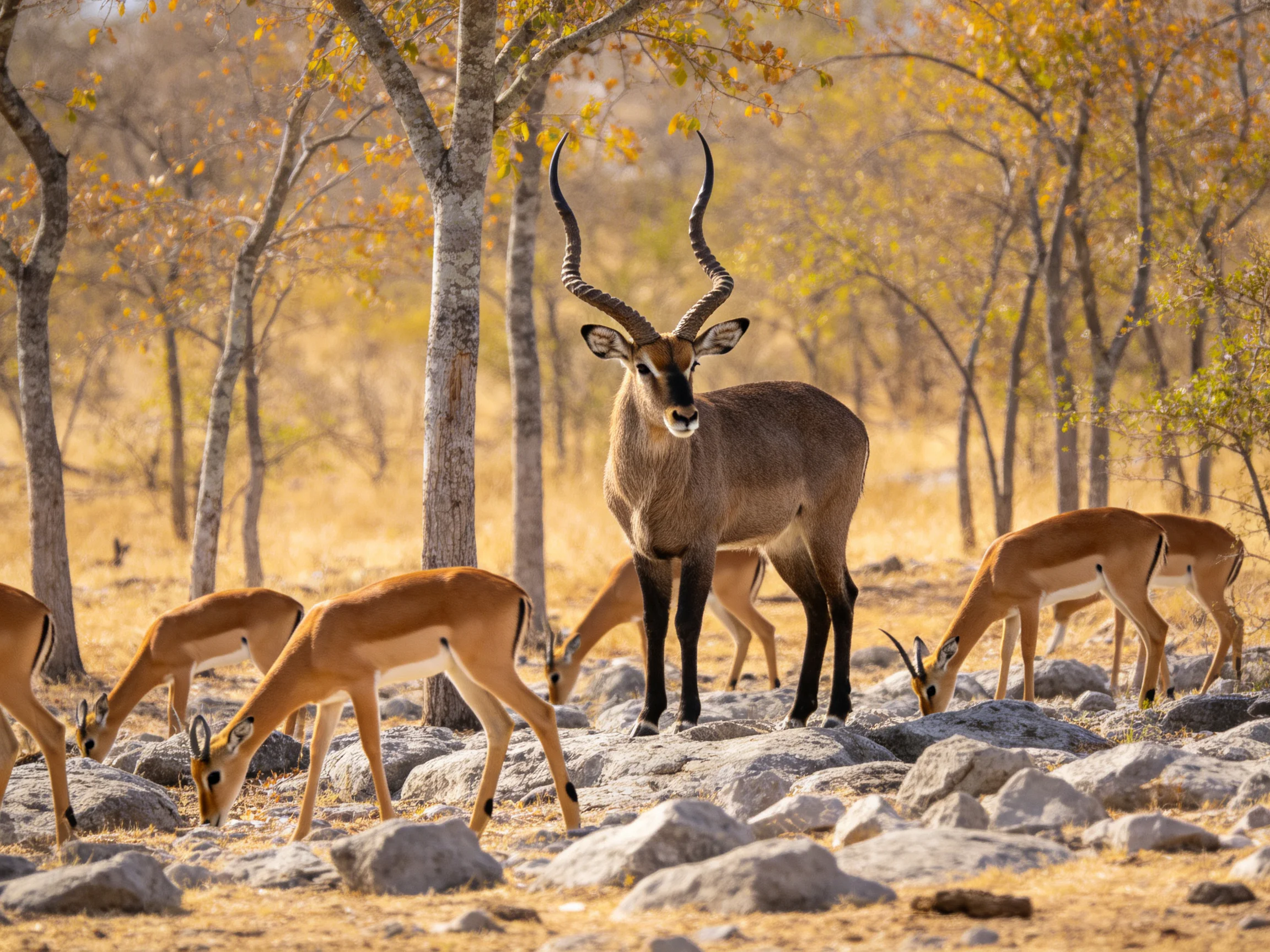 A horned antelope stands among smaller antelopes near golden trees
