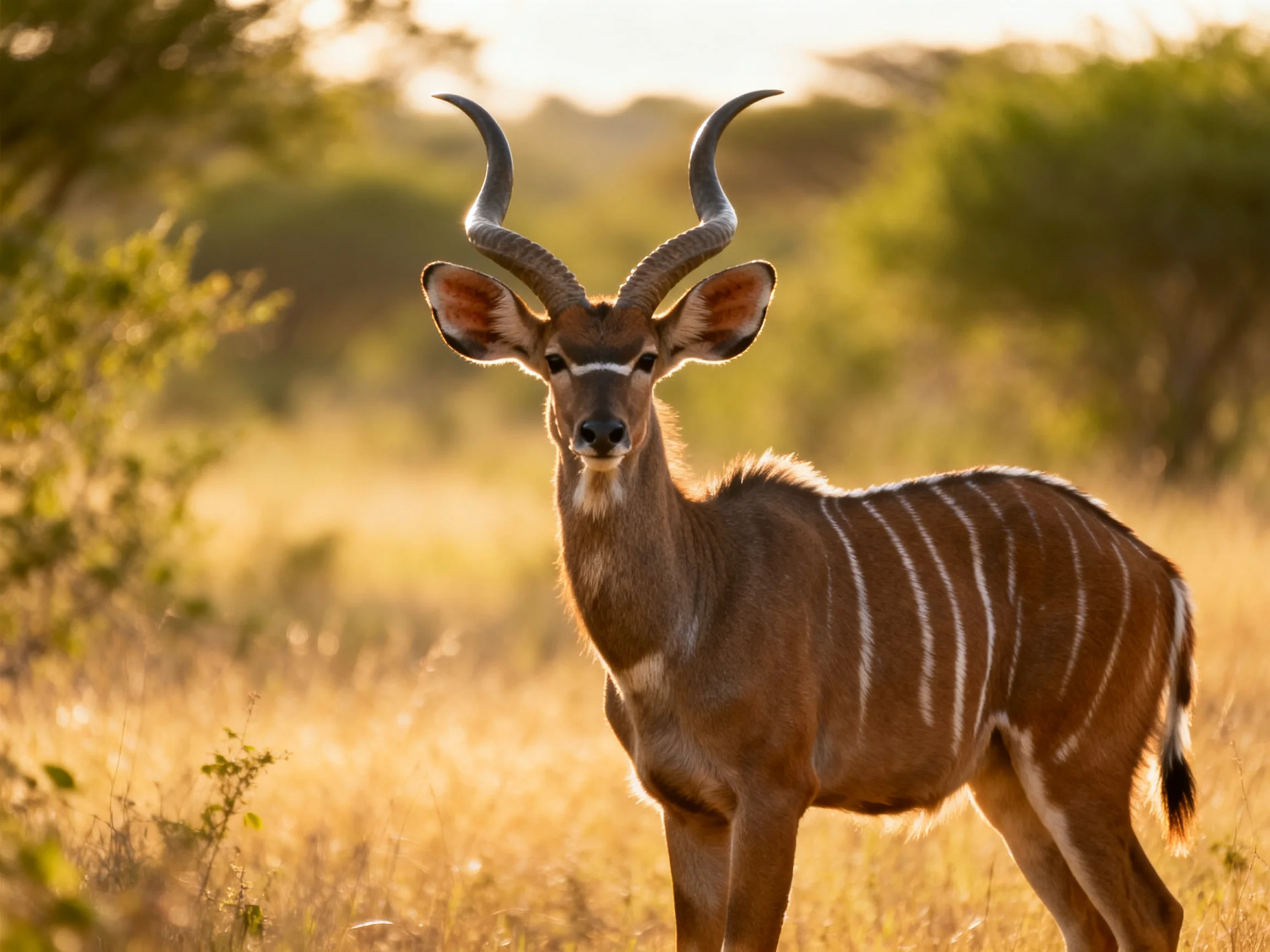 A horned antelope with striped coat in sunlit savannah