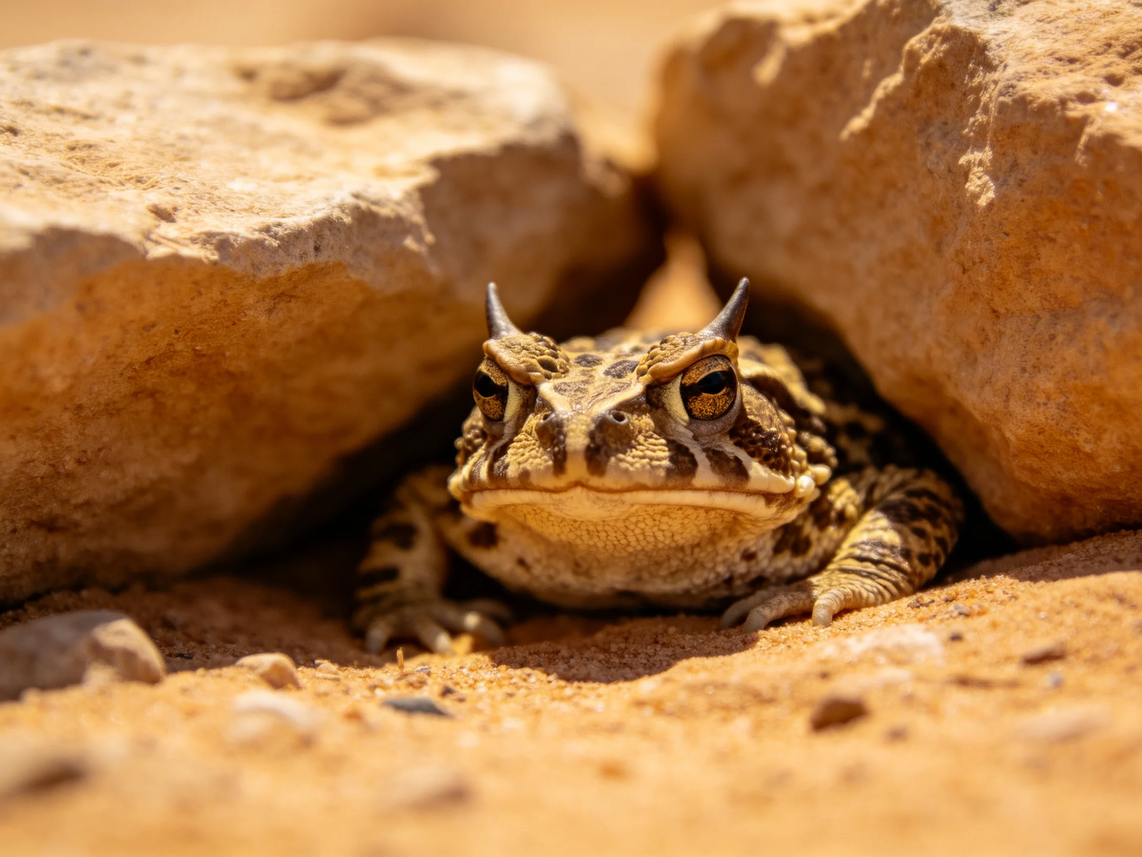 A horned frog nestled between large brown rocks in a sandy terrain