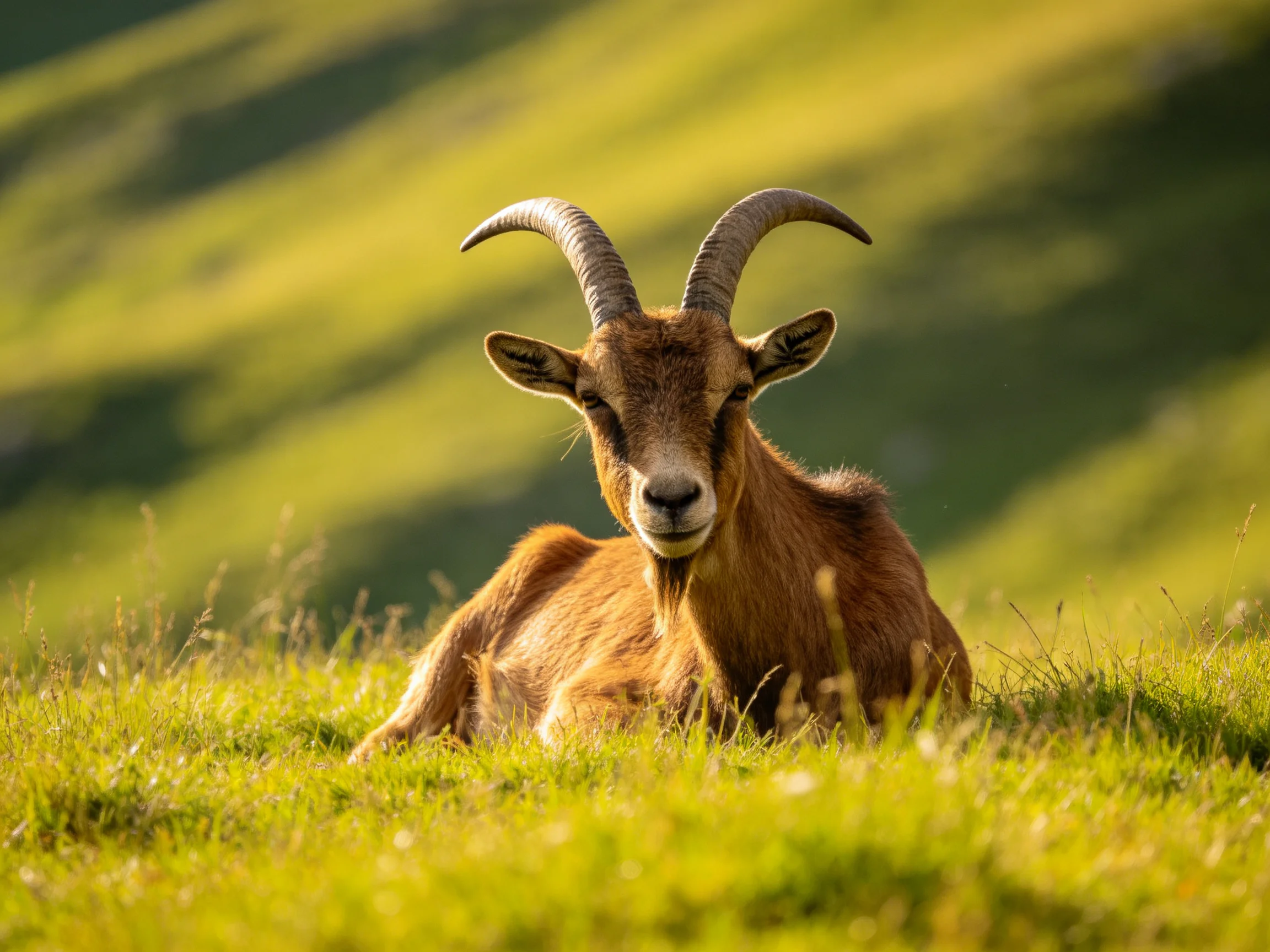 A horned goat rests in a sun-drenched green meadow