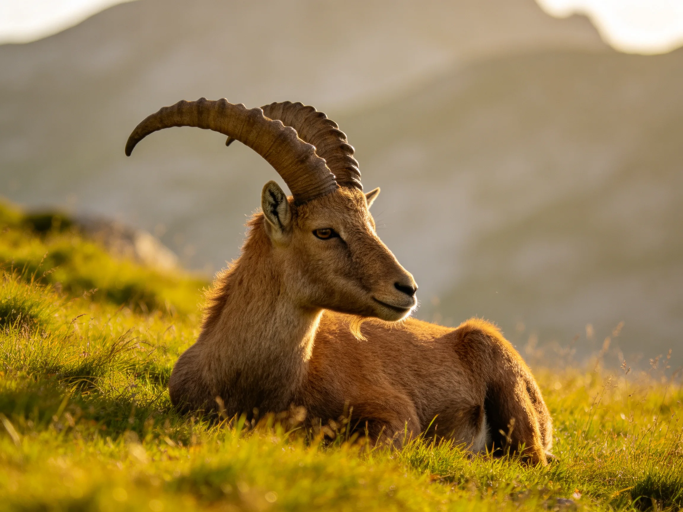 A horned goat sits calmly on grass with mountains in the distance.