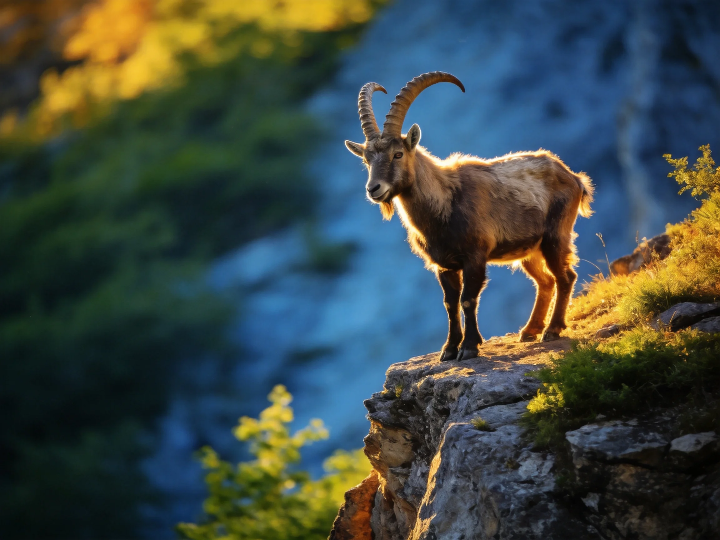 A horned goat stands on a rocky cliff edge bathed in golden light