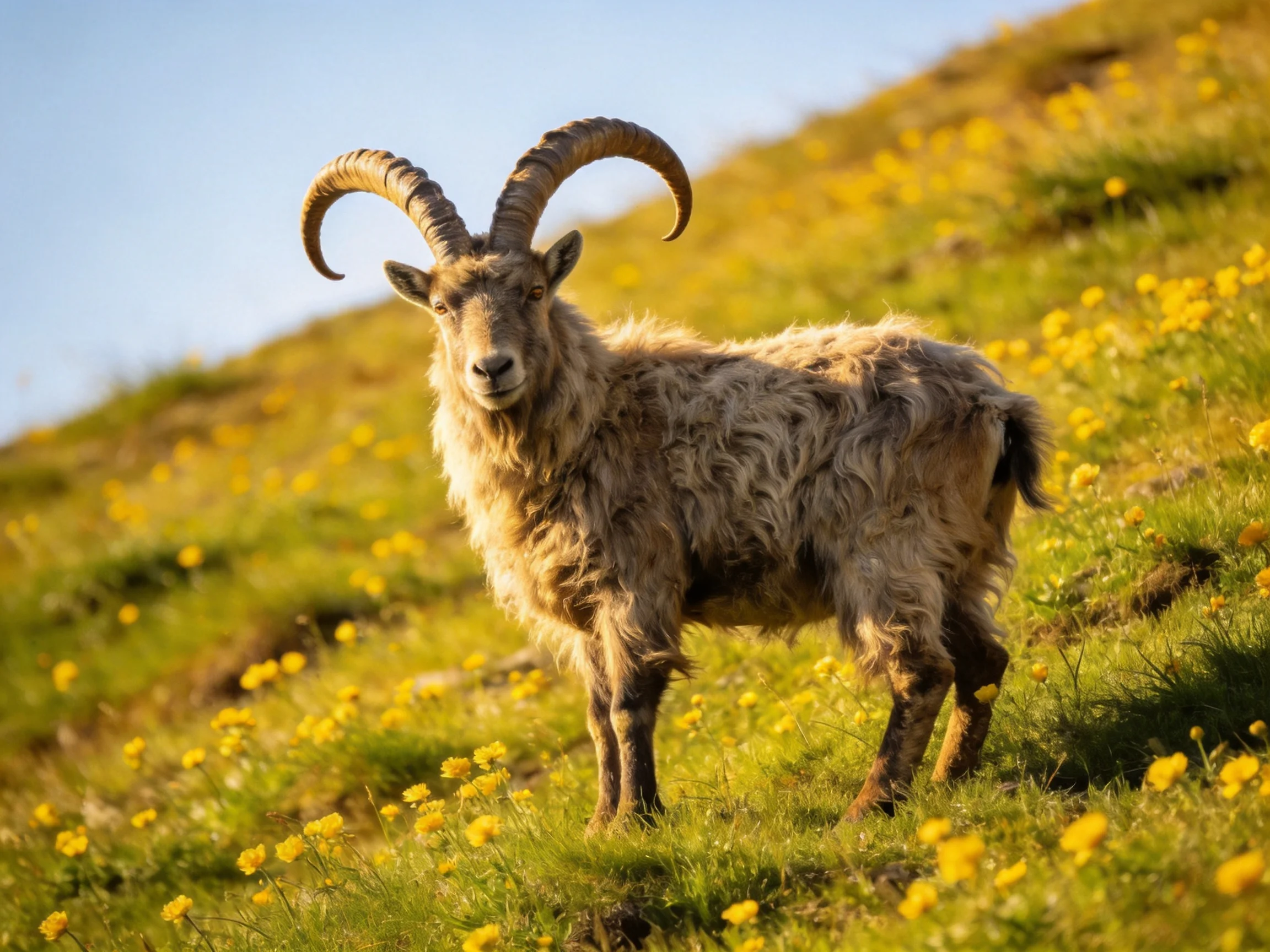 A horned goat with curved horns among yellow wildflowers on a green hillside