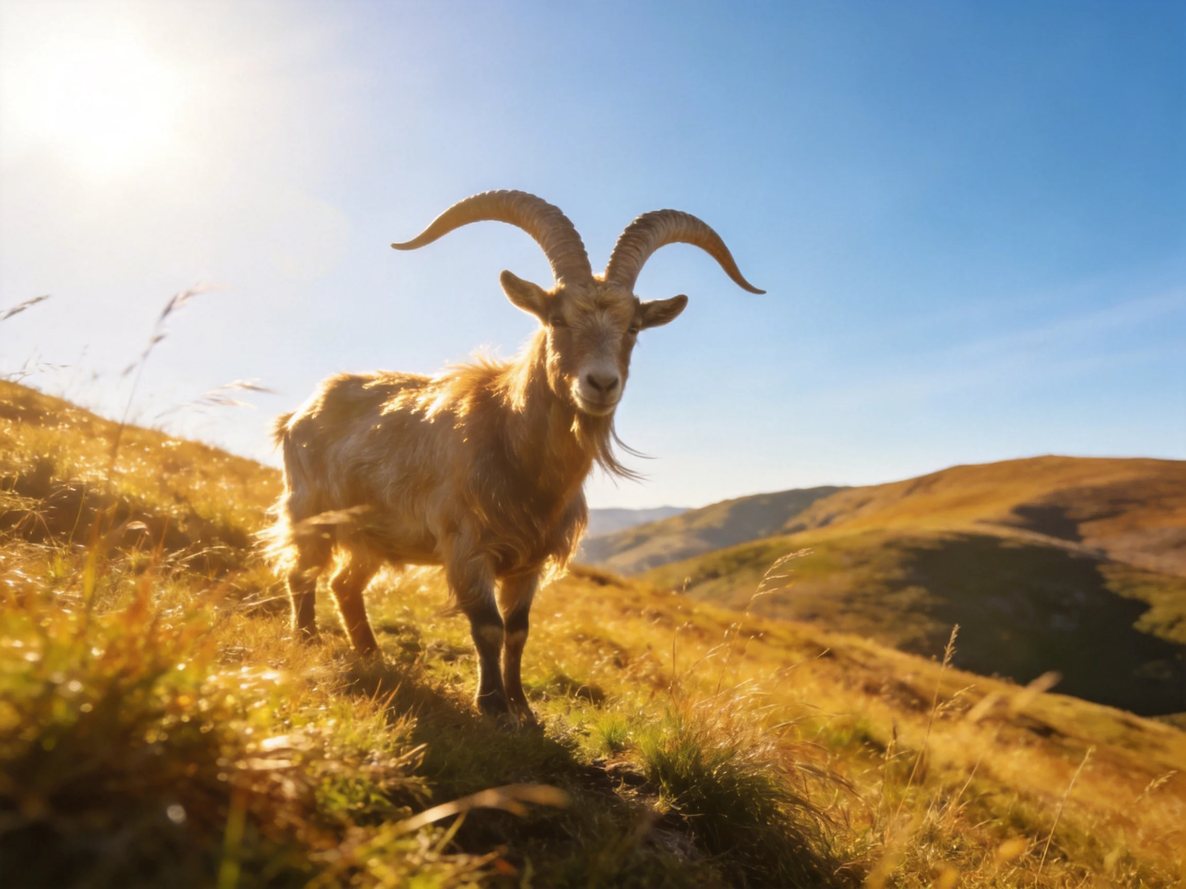 A horned goat with curved horns on a sunlit grassy hillside