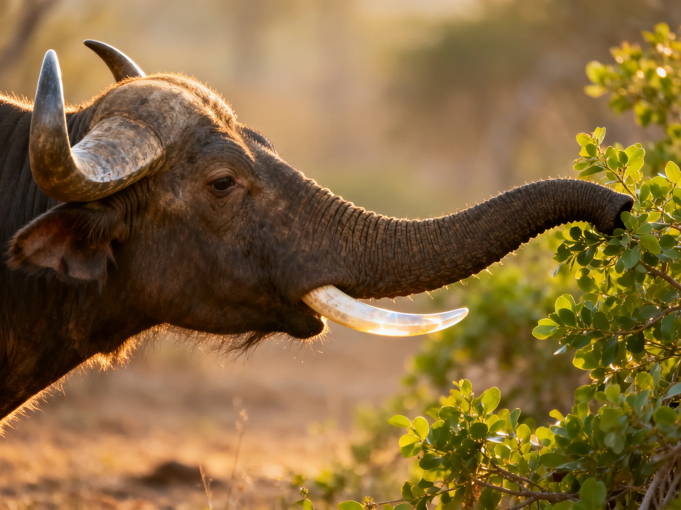 A horned hybrid animal with tusks feeds on green foliage in golden light.