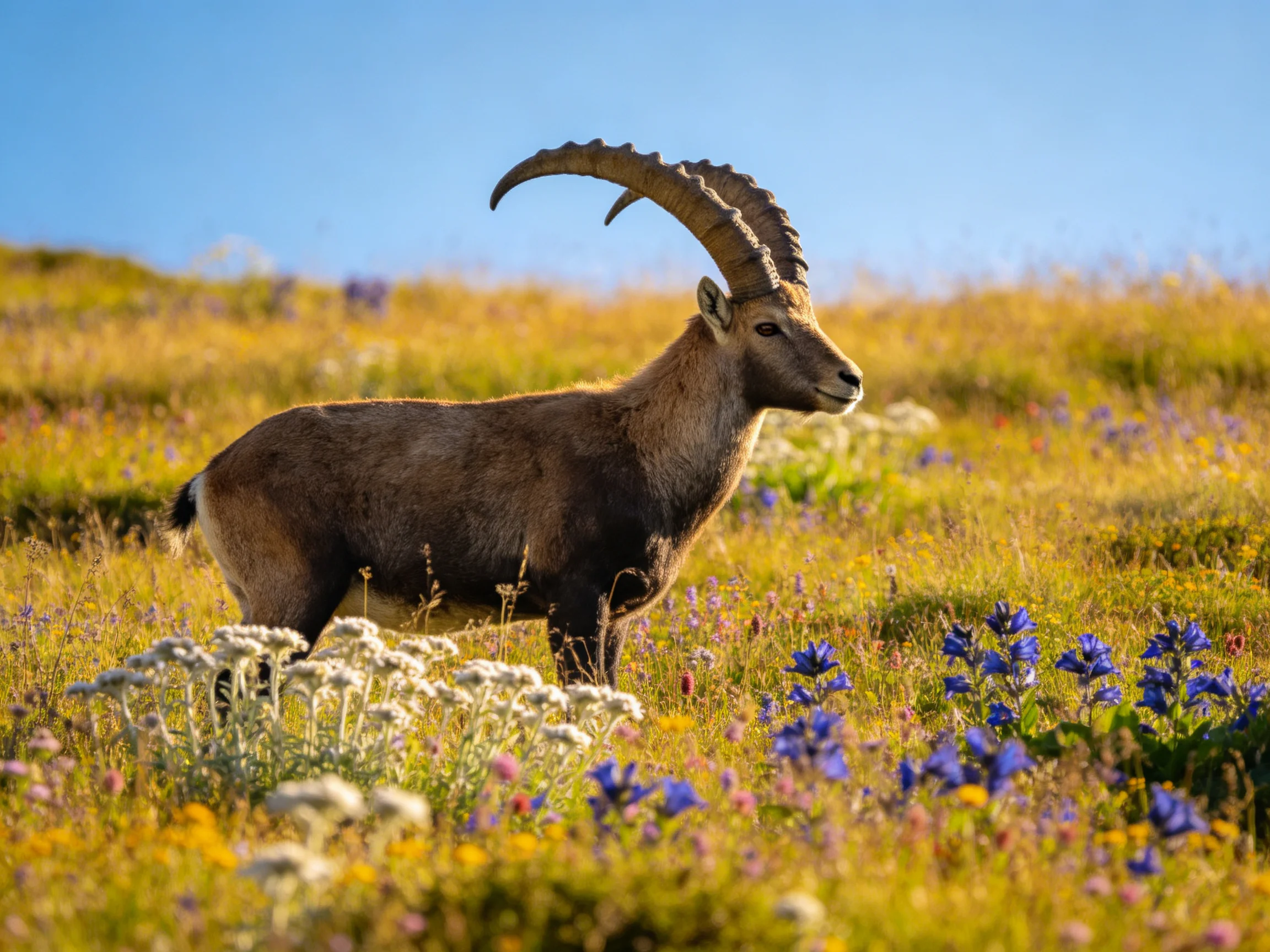 A horned ibex stands in a sunlit meadow with wildflowers.