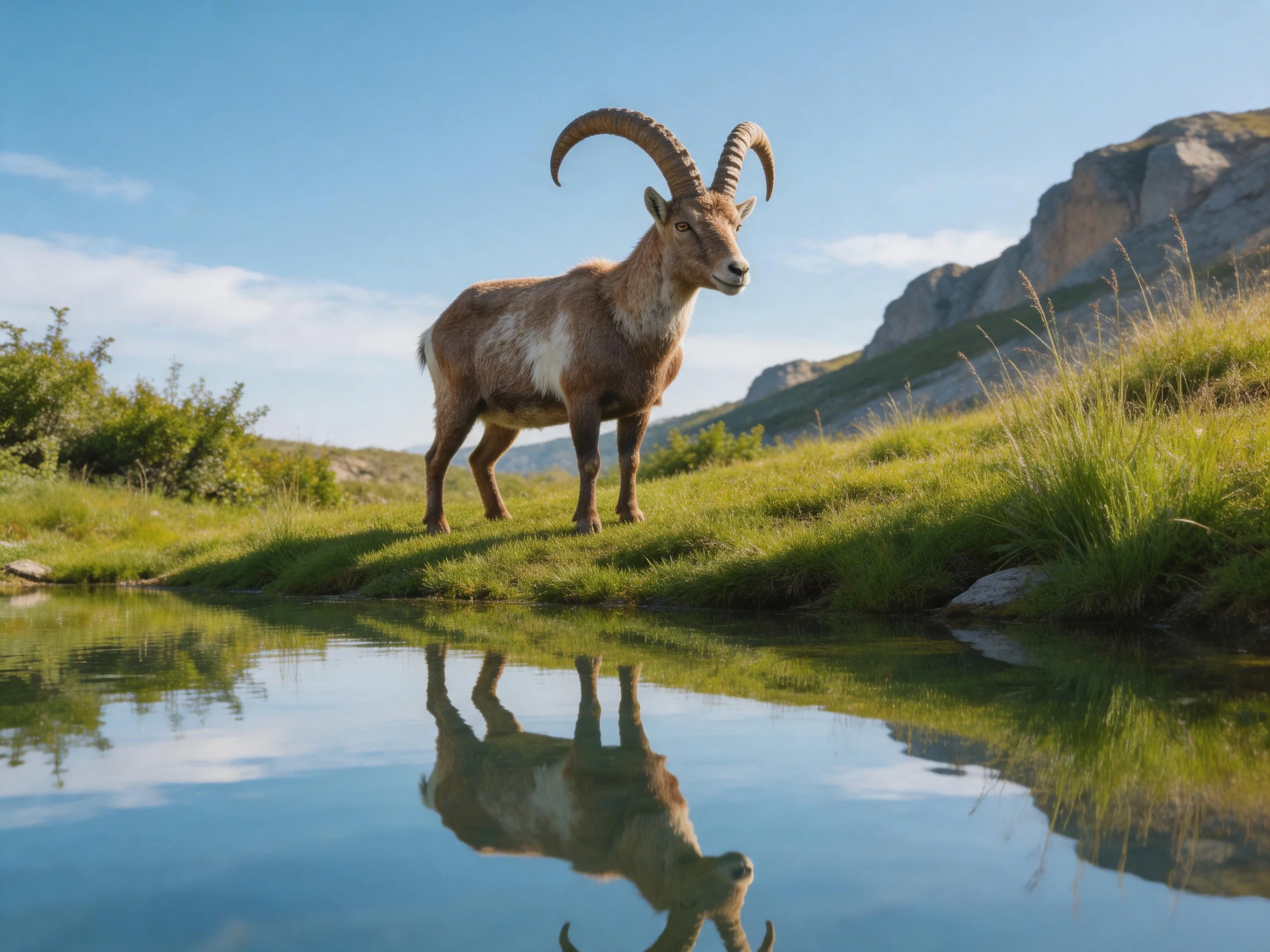 A horned ibex stands on green grass by a reflective stream near rocky mountains under a clear sky